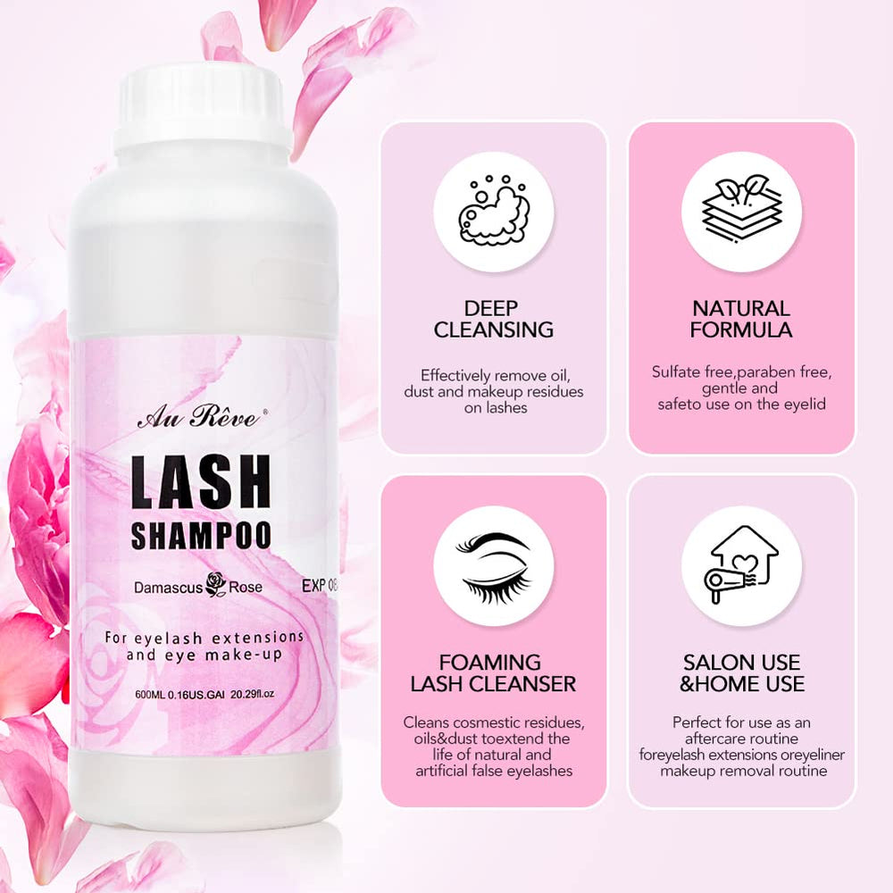 Lavender Blush "AuReve Eyelash Extension Cleanser Lash Shampoo Foam, Eyelid Cleanser for Makeup Remover Eyelash Care, Paraben & Sulfate Free for Salon and Home Use (Rose 600ml)"