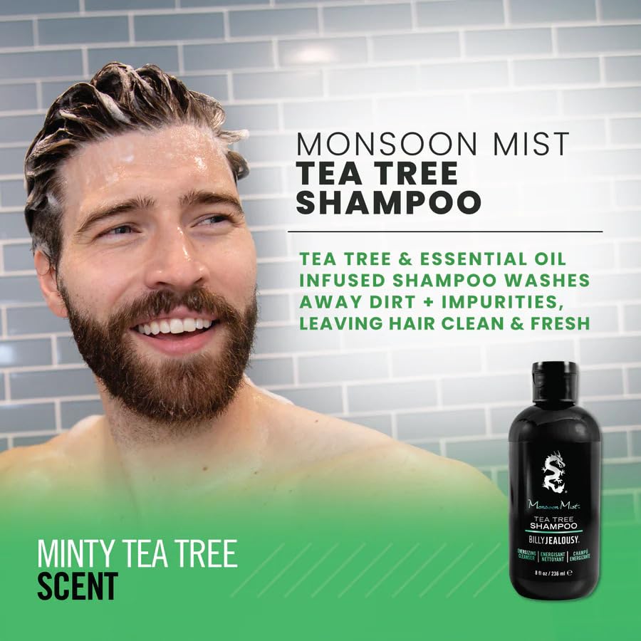 Medium Sea Green Billy Jealousy Monsoon Mist Tea Tree Energizing Men's Shampoo with Peppermint & Rosemary, Removes Oil Build-up and Soothes Scalp Itch & Irritation, 8 Oz.