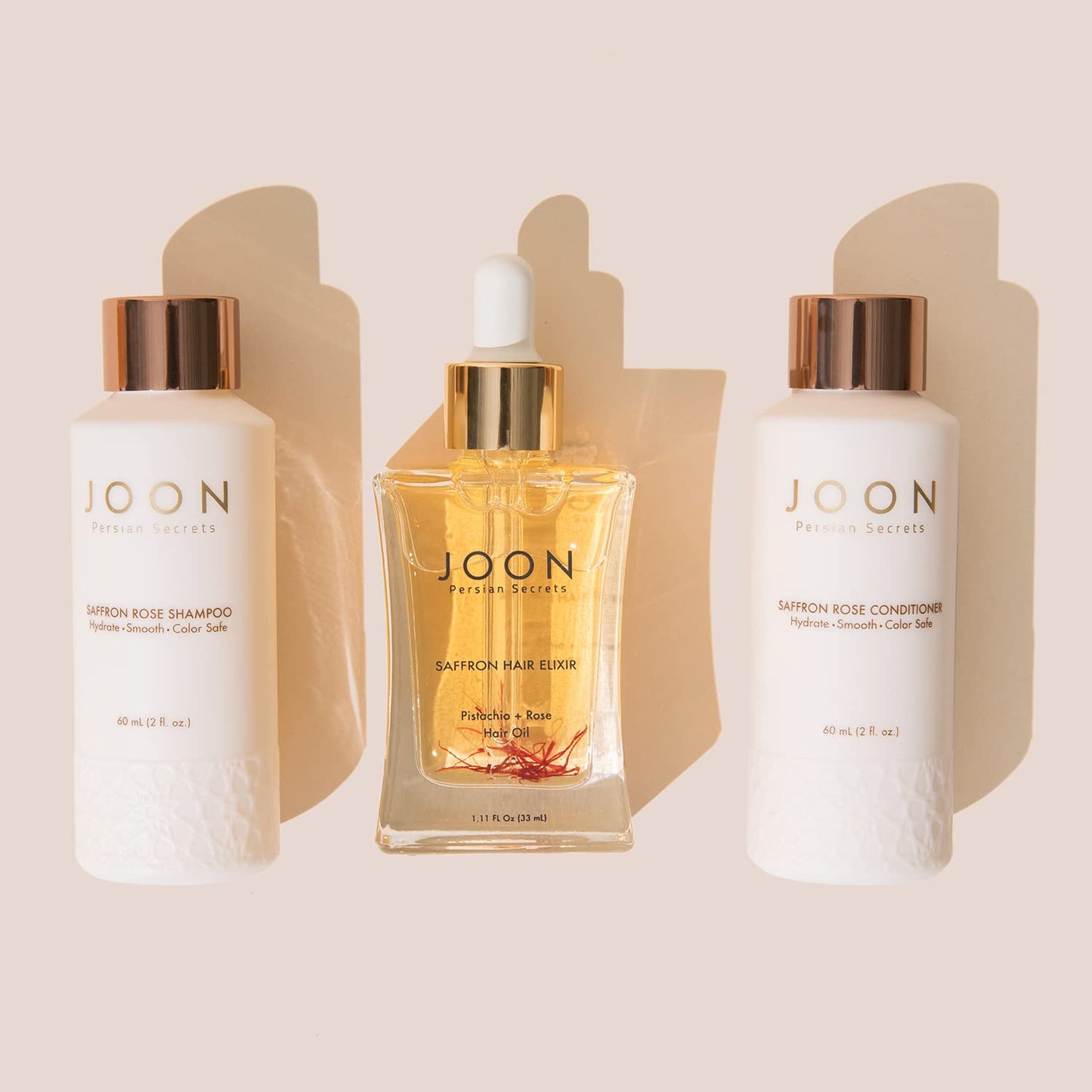 Light Gray Joon Moisturizing Travel Size Gift Set | Saffron Hair Elixir (1.11 fl oz), Saffron Rose Shampoo (2 fl oz) and Conditioner (2 fl oz)