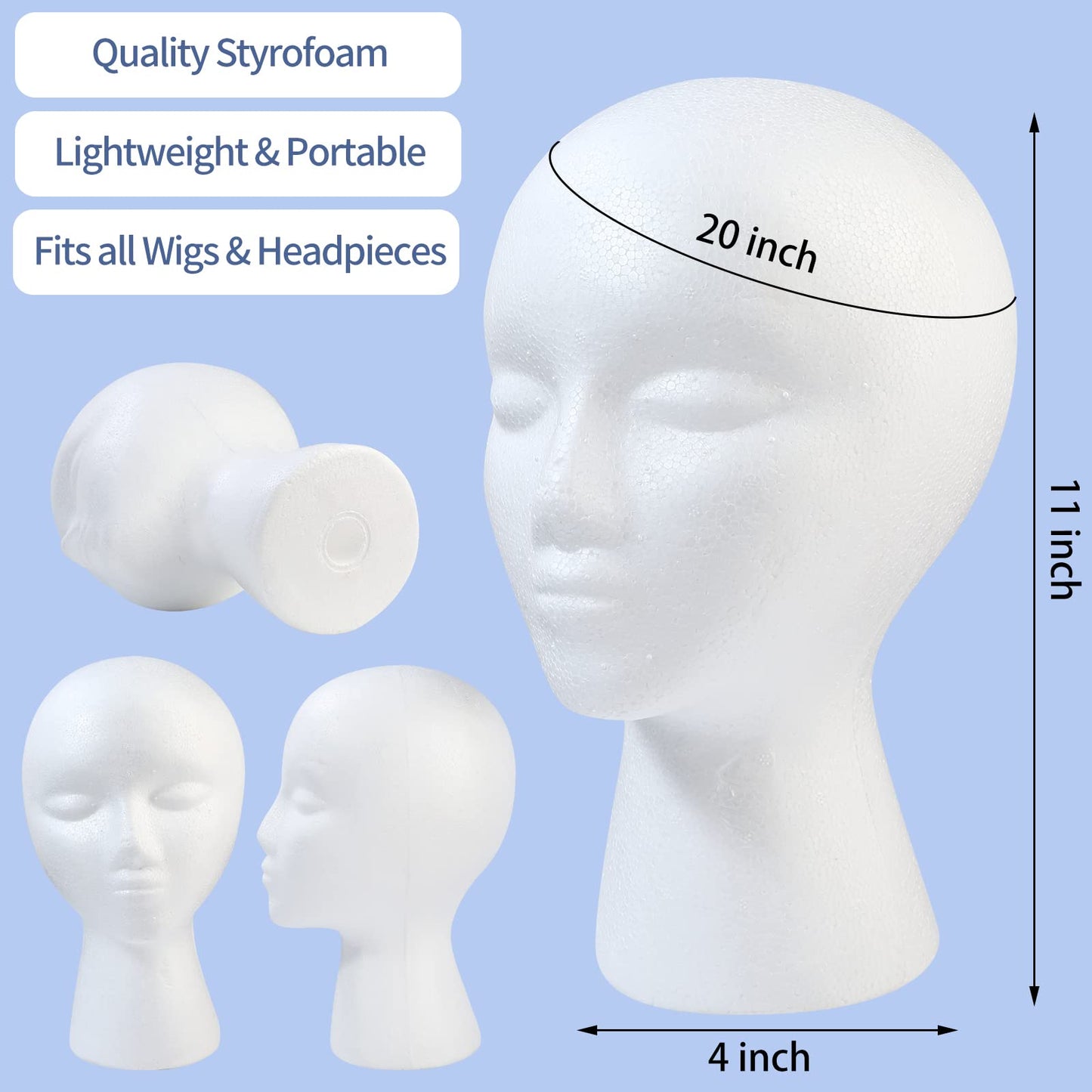 Light Steel Blue GliSun 3 Pcs Foam Wig Head, Styrofoam Mannequin Head with Female Face for Multipurpose Wigs Display Stand, Model, Mask, Hat Display Stand, Art Work Painting