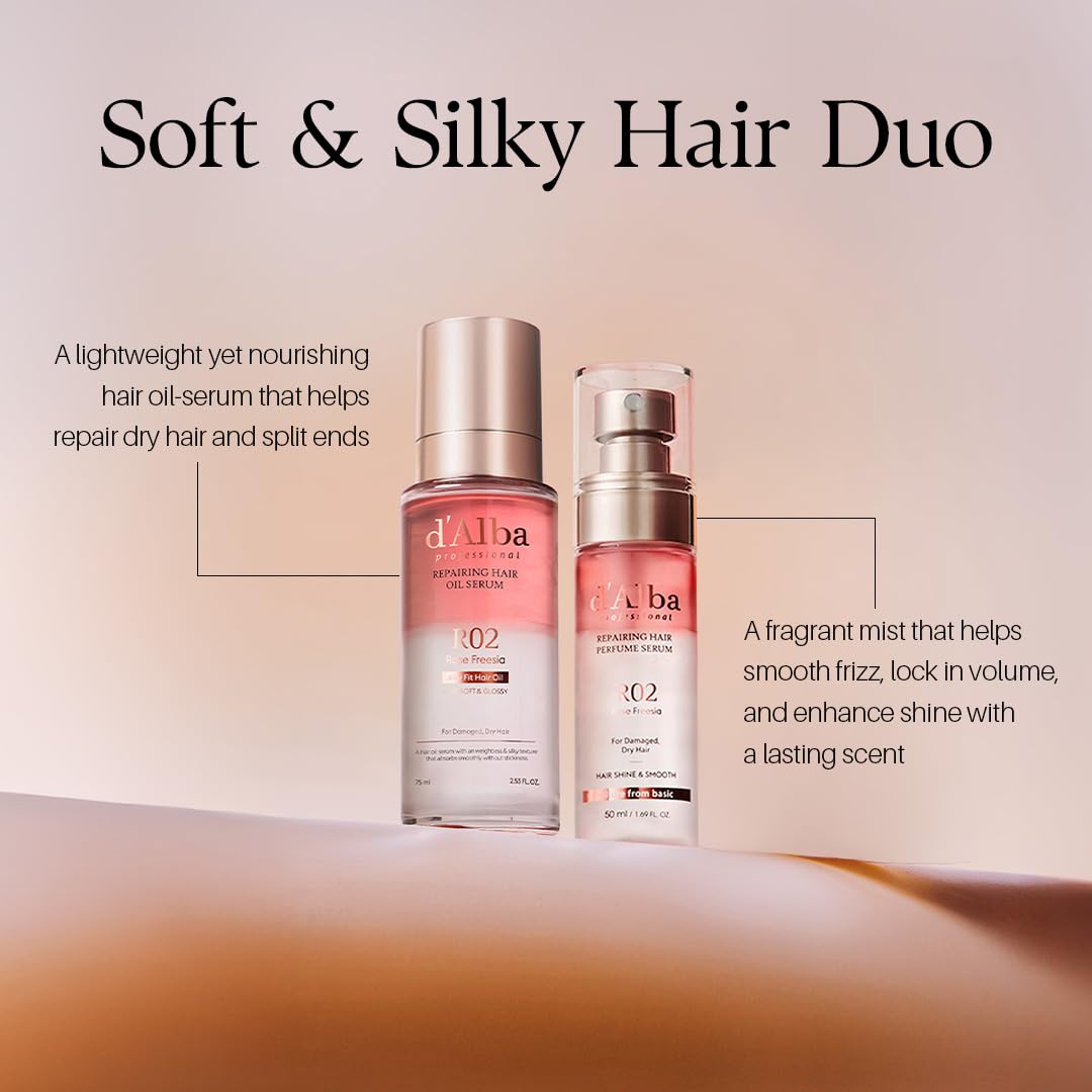 Light Gray Holiday Hair Care Gift Set (Hair Oil 2.54 fl oz. & Perfume 1.69 fl oz.), Repairing Hair Oil Serum & Hair Perfume Duo, Silky & Glossy Finish, Rose & Freesia Scent