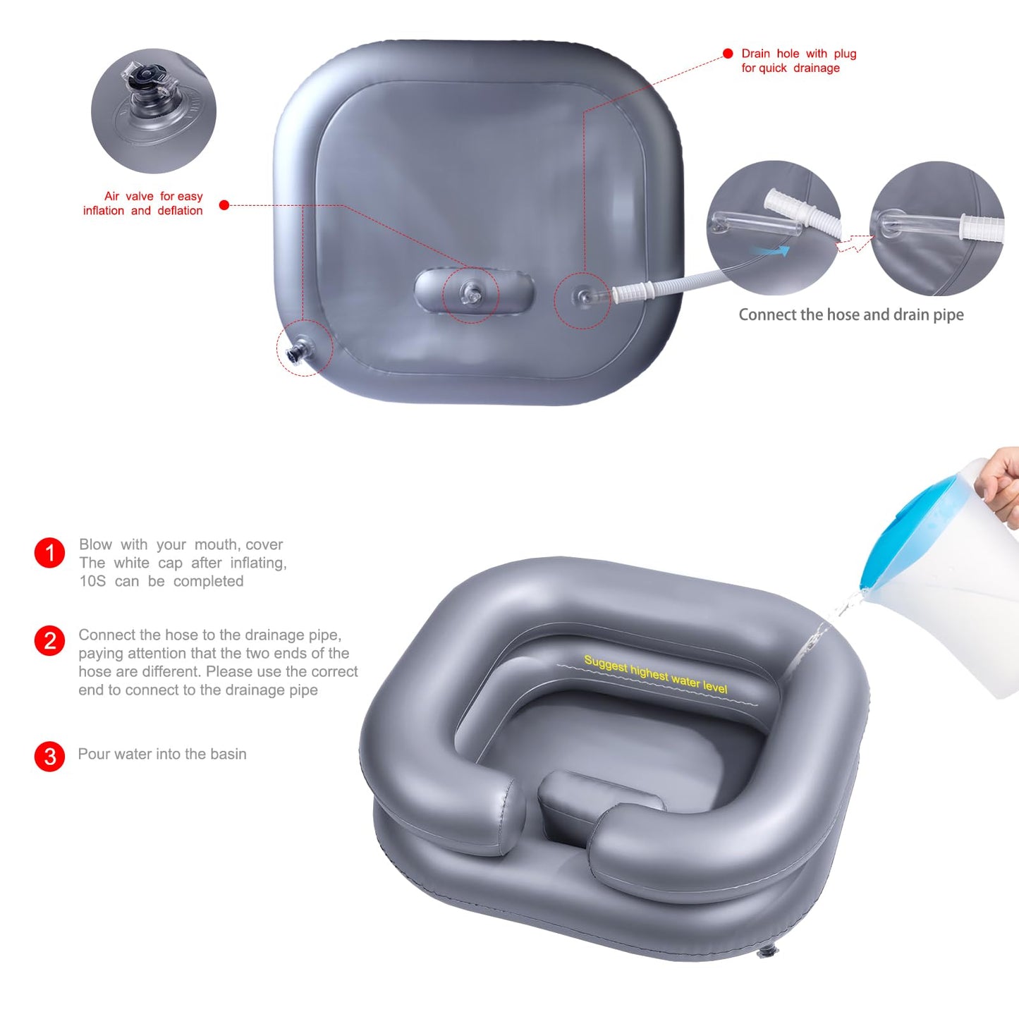 White Smoke Inflatable Shampoo Basin for Bedridden and Disabled,Portable Shampoo Bowl for Injured, Hair Washing Basin for Childred,Pregnant Woman,Easy Hair Washing at Home (Silvery)