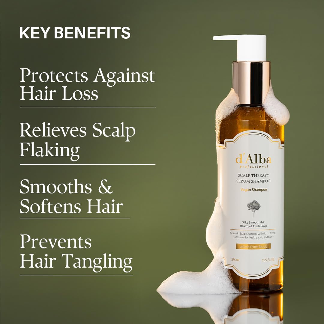 Dark Olive Green d'alba Piedmont Professional Repairing Scalp Therapy Serum Shampoo 275ml, Mild and Vegan Formula, Gentle Hair and Scap Treatment