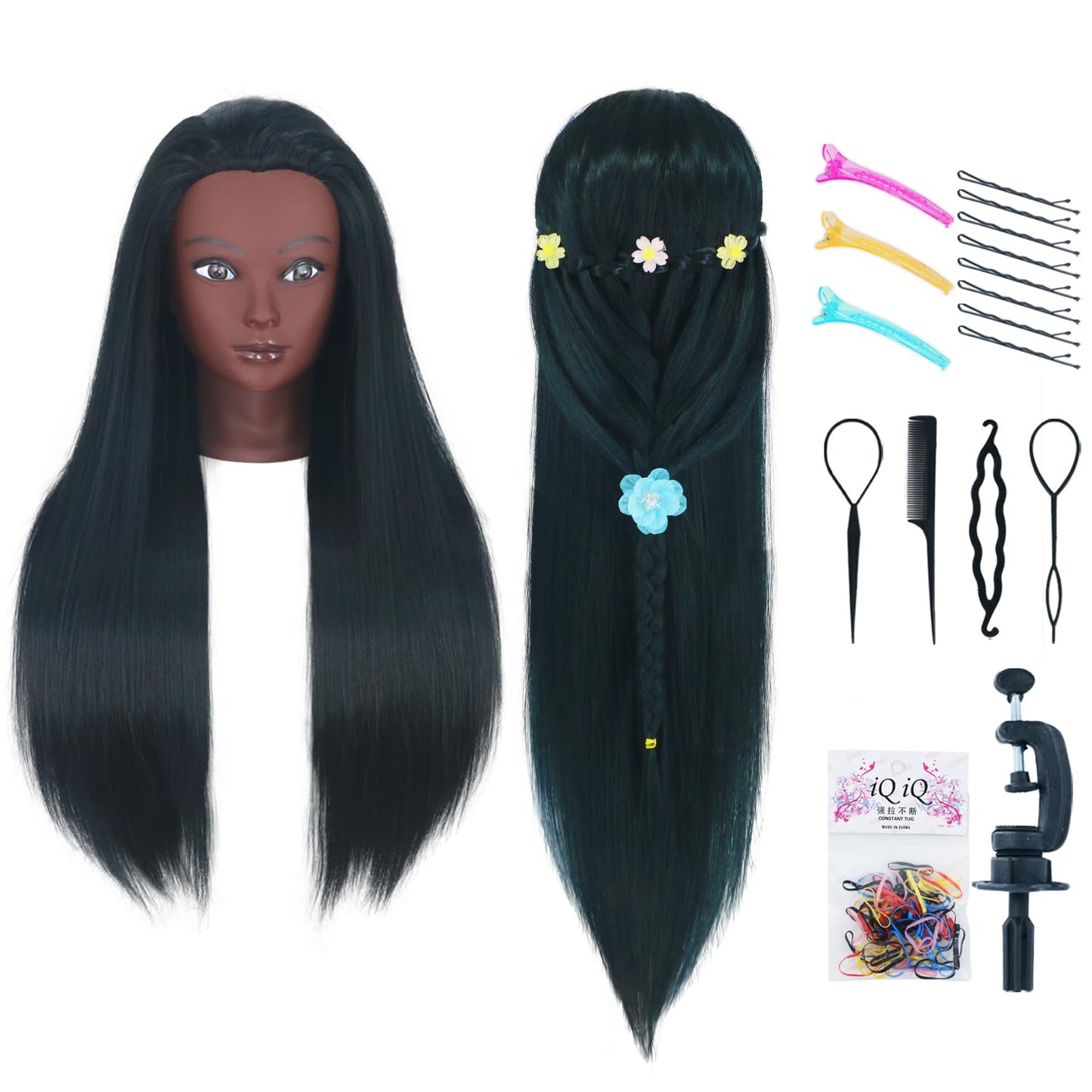 White Smoke Gemiei Mannequin Head with Hair 26"-28'' Doll Head for Hair Styling Manikin Practice Cosmetology Training Braiding Heads With Clamp Holder and Styling Tools (Black)