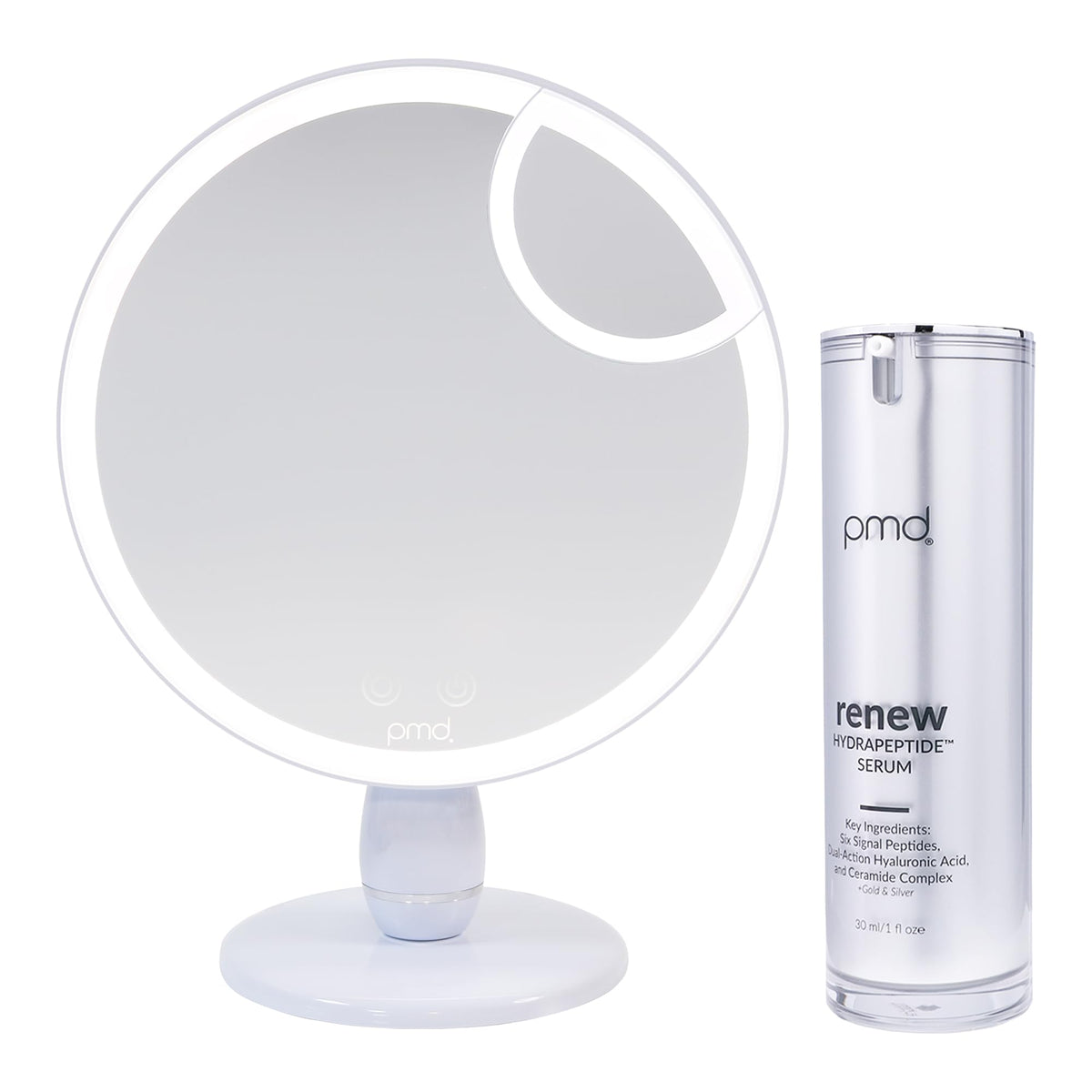 White Smoke PMD Beauty LED Makeup Mirror with Lights - TriLume Technology - Handheld Vanity Mirror - Three Modes, 360° Rotation, 5X Magnification, Travel Ready - with Review Serum