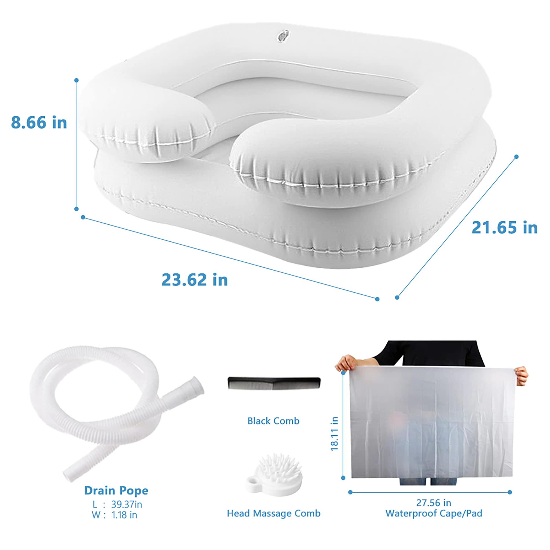 White Smoke Inflatable Shampoo Basin for Bedside, Shampoo Tub for Locs, Portable Shampoo Bowl for Elderly, Disabled, Pregnant, Injured, Bedridden, Handicapped, Hair Washing Tray for Sink at Home (White)