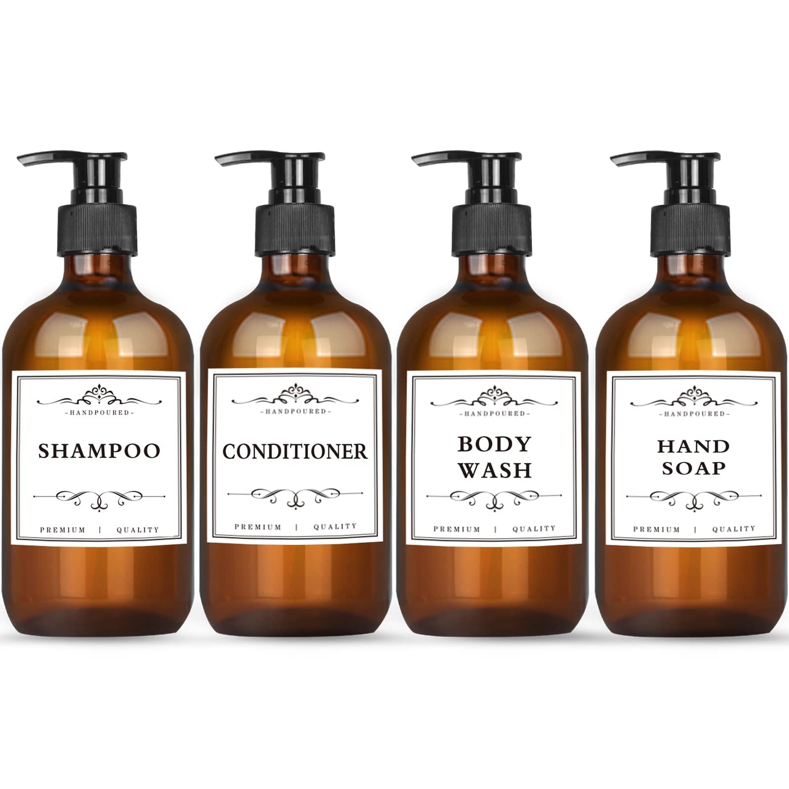 White Smoke 4 Pack 16.9 Oz Shampoo and Conditioner Hand Soap Dispenser Refillable Pump Bottles with Waterproof Labels (Amber)