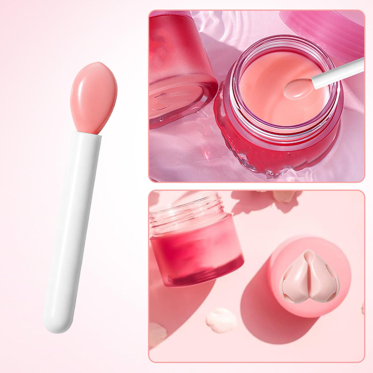 White Smoke 3Pcs Lip Brush Holder Silicone Mask Applicator with Holers & Spatulas, Reusable Protective Organizer for Laneige Lip Balm, Makeup Spatula Sleeve Cover, White Pink Purple