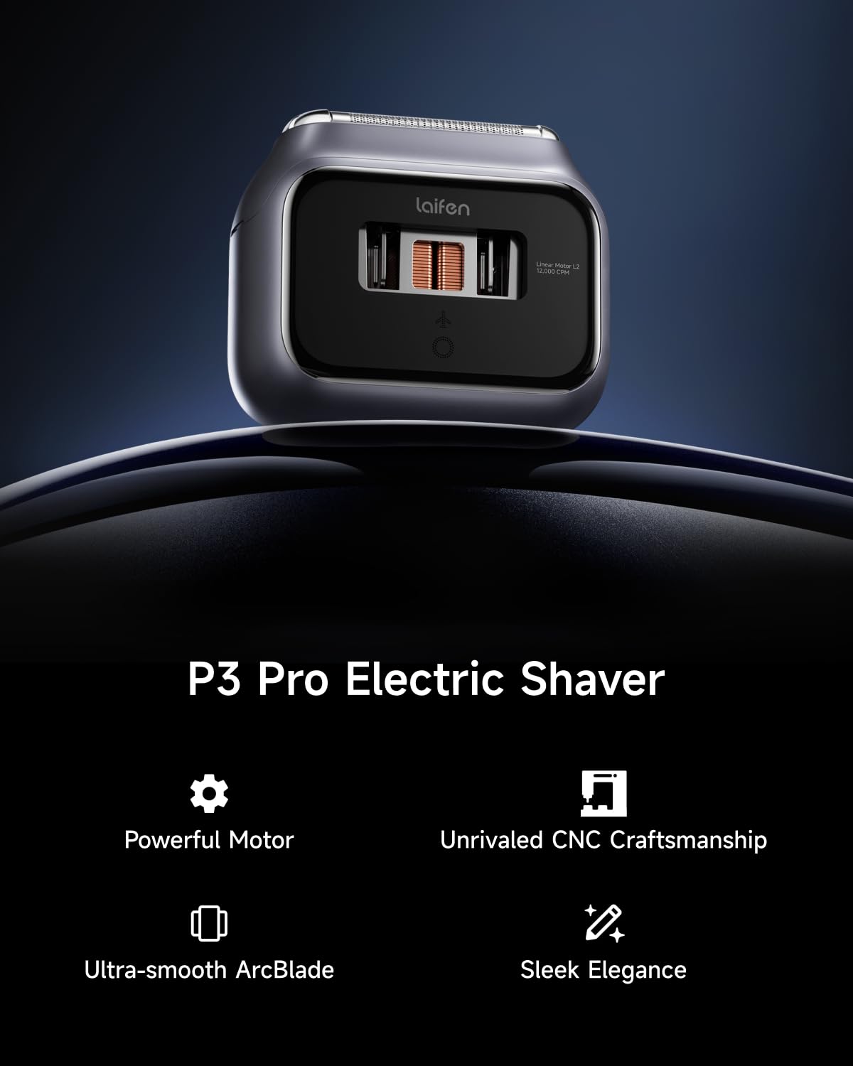 Black Laifen P3 Pro 3-Blade Electric Shaver, Dual Linear High-Speed Motors 12,000 Cuts/Min, 100-Min Runtime, IPX7 Waterproof, Rechargeable Electric Razor for Men, Travel-Friendly (Space Gray Aluminum Alloy)