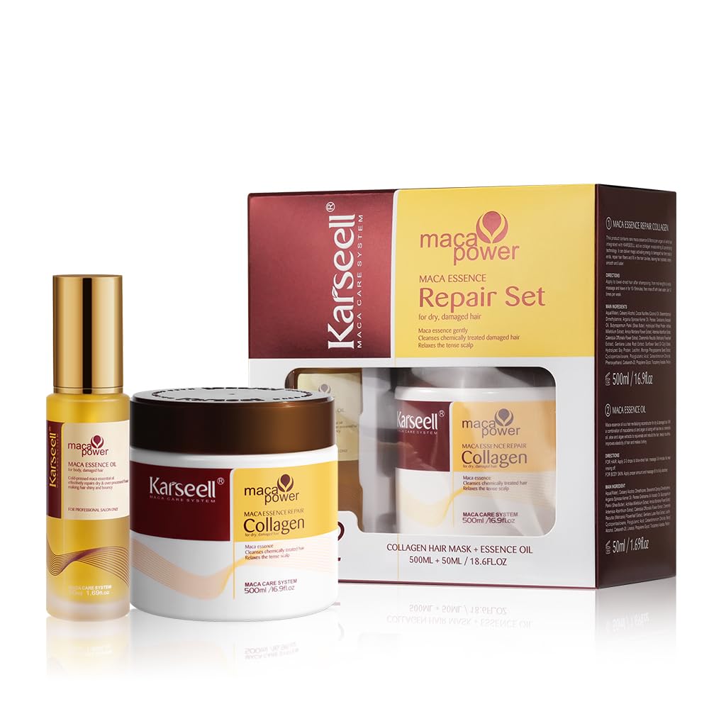 White Smoke Karseell Collagen Hair Mask & Argan Oil Set, Deep Conditioning Hair Treatment for Dry Damaged Hair, Repair & Moisturize All Hair Types, 16.9 fl oz + 1.69 fl oz