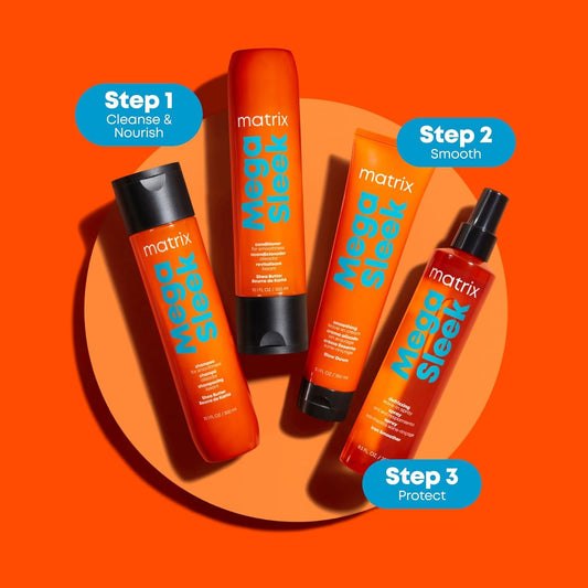 Orange Red Matrix Mega Sleek Shampoo and Conditioner Set | Smoothing, Anti-Frizz, Detangling | For Dry, Damaged & Frizzy Hair | Nourishes with Shea Butter | Vegan