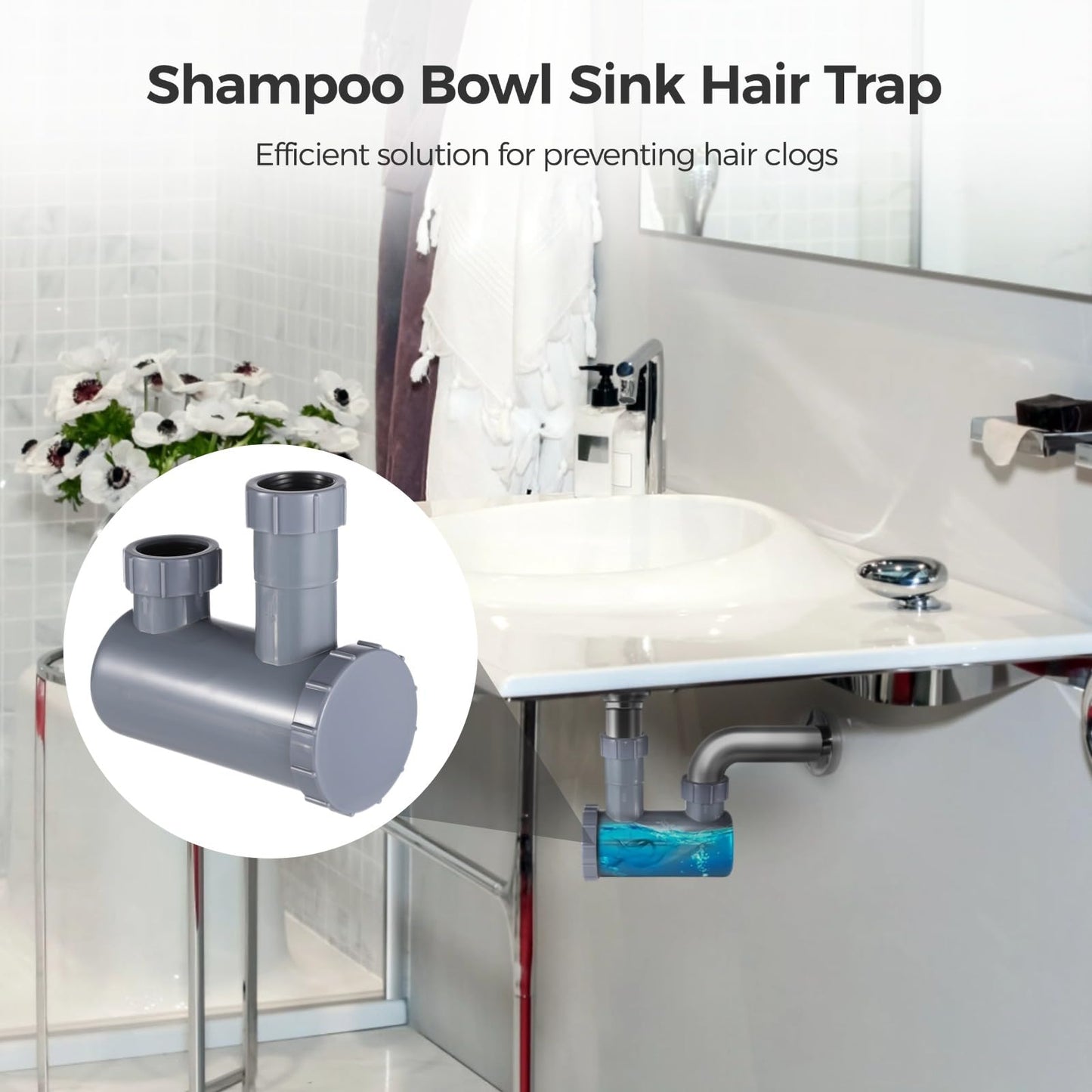 White Smoke Toyosport Universal Shampoo Bowl Sink Hair-P Trap, 1-1/2 in Sink Hair Cather for Bathroom Salon, Leakproof Seal, Removable End Cap, Easy Installation