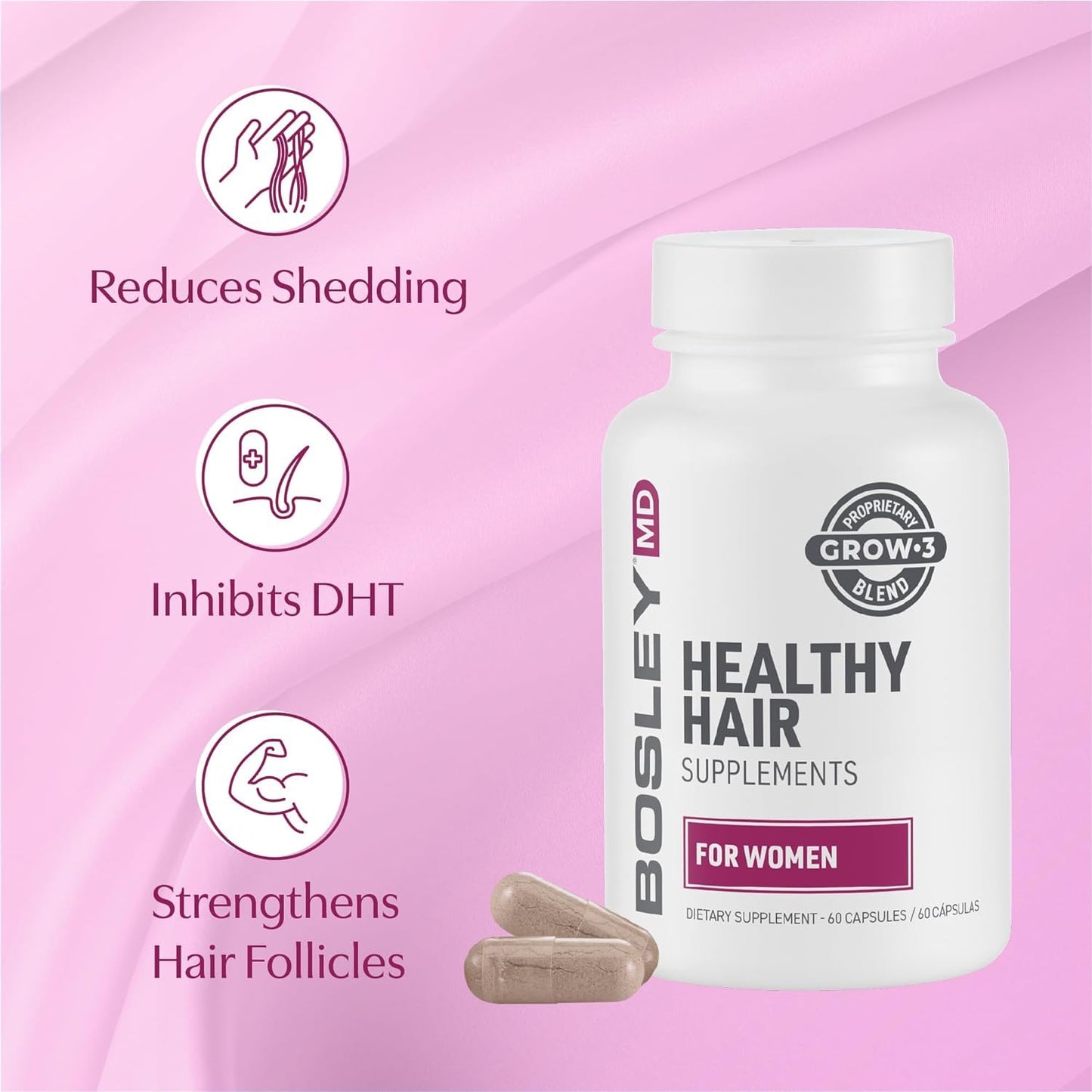 Misty Rose BosleyMD Women’s Healthy Hair Growth Supplements for Thicker, Fuller Hair– DHT-Blocking Botanicals with Biotin, Niacin, Zinc & L-Lysine – Rich in Vitamins & Minerals – 60 Capsules (2-Month Supply)