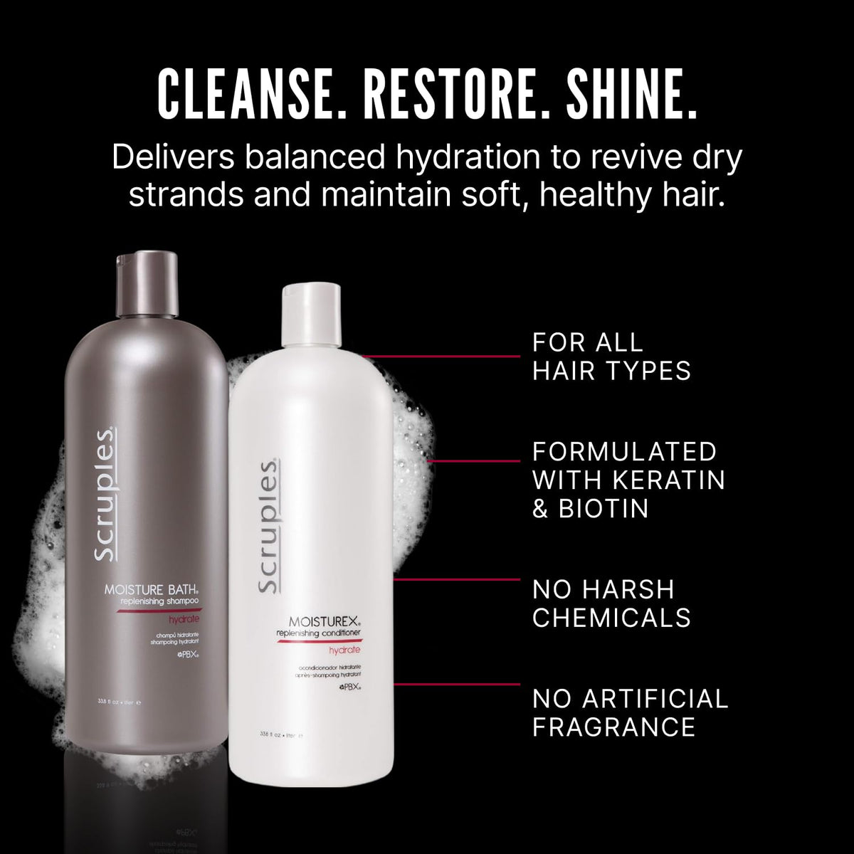 Black Scruples Moisture Bath Shampoo & Moisturex Conditioner Set - Nourishing & Moisturizing Duo for Dry, Frizzy Hair Repair (33.8 oz)