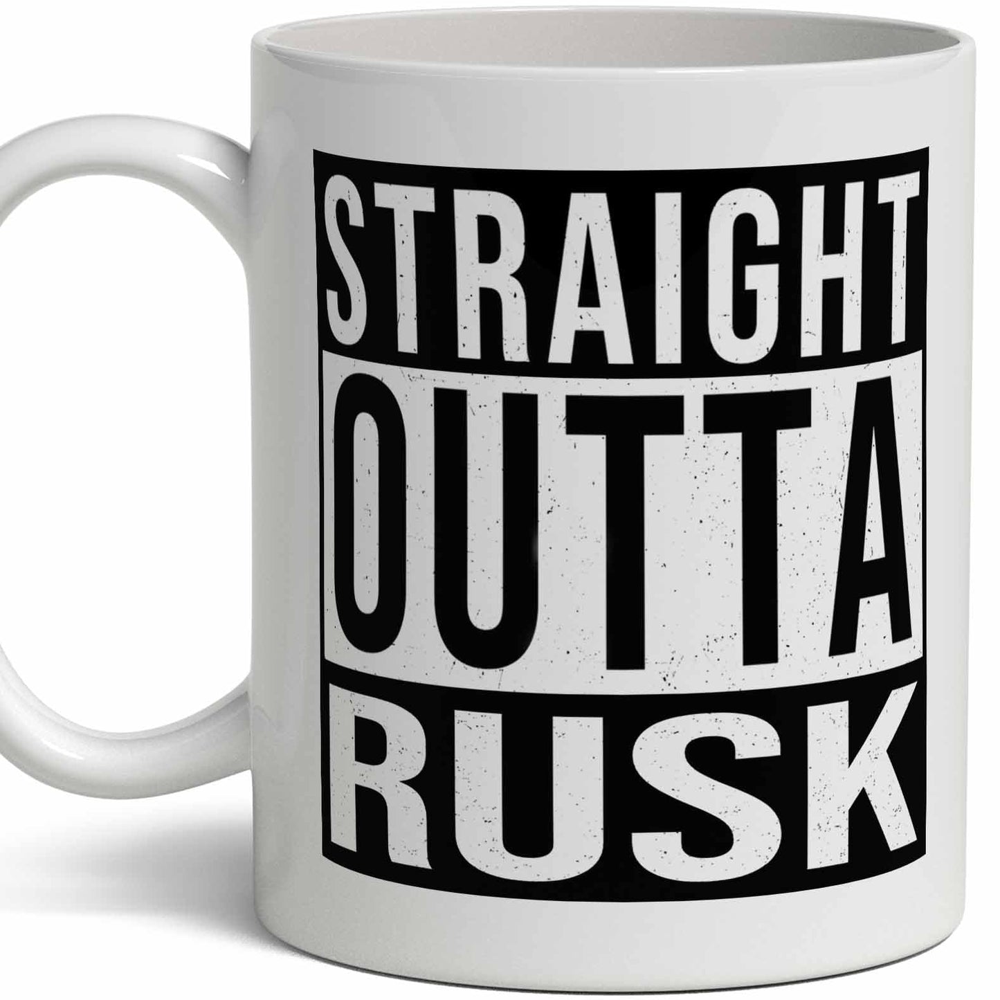 White Smoke Rusk Last Name Gift. Personalized, Custom "Straight Outta" Surname Sign Coffee Mug. 11 Ounces.