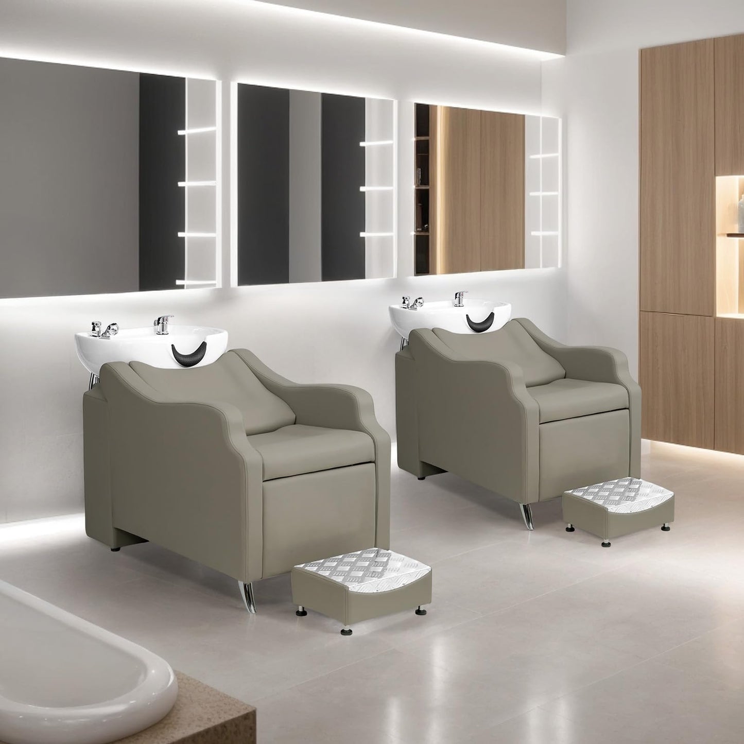 Dark Gray OmySalon Shampoo Backwash Unit with White Porcelain Bowl, Salon Sink Hair Wash Chair Shampoo Station, Barbershop Beauty Spa Massage Hairdressing Equipment