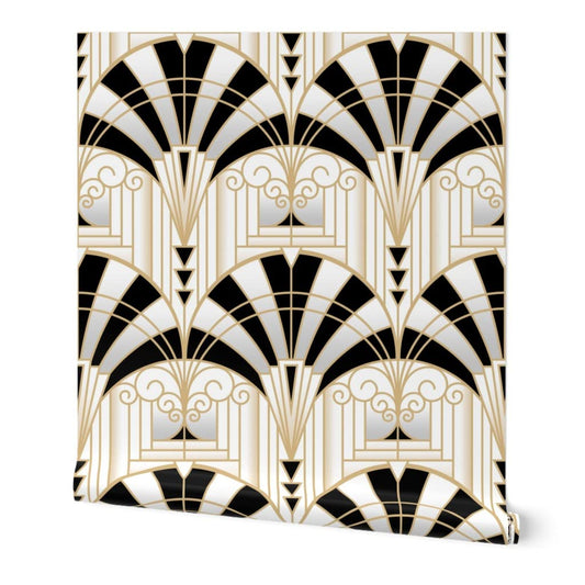 Light Gray Spoonflower Peel & Stick Wallpaper 3ft x 2ft - Art Deco Alcove Black White Gold Fan Architecture 1920s Custom Removable Wallpaper