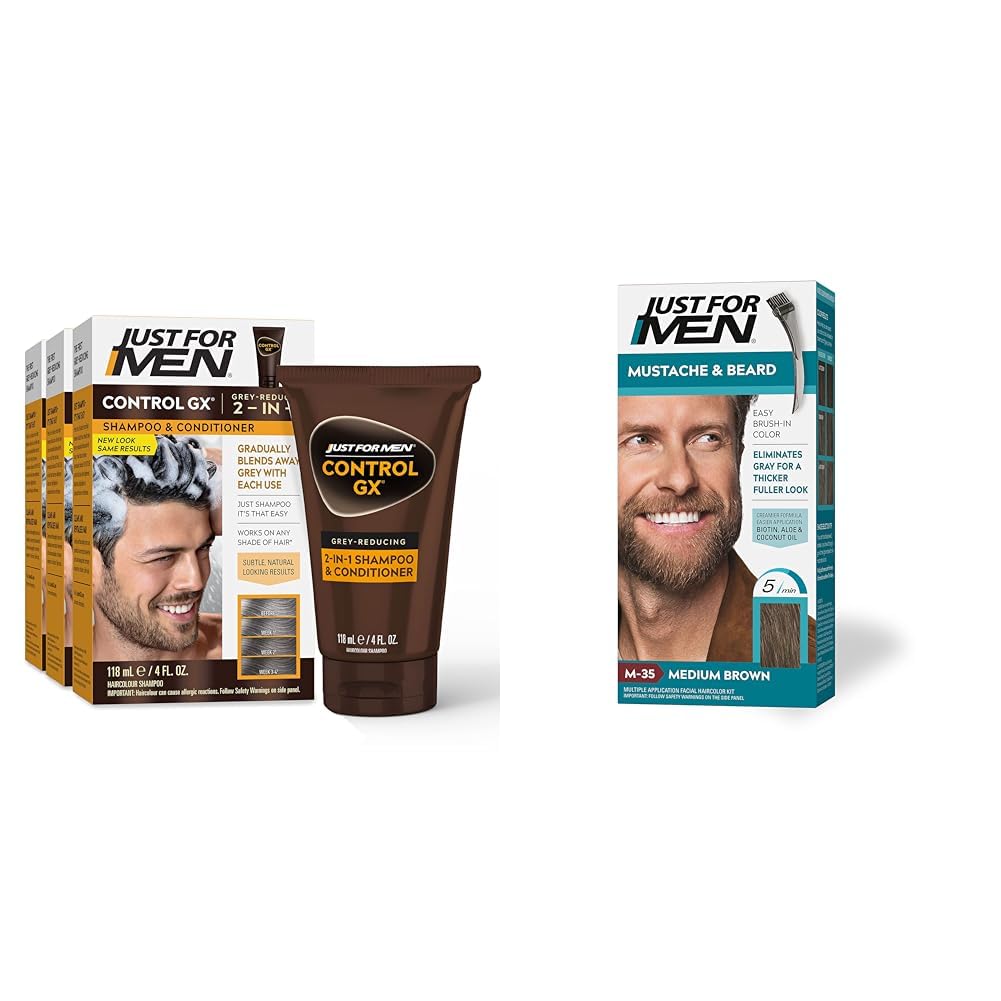 White Smoke Just For Men Control GX Grey Reducing 2-in-1 Shampoo and Conditioner, Gradual Hair Color for Stronger and Healthier Hair, 4 Fl Oz - Pack of 3 (Packaging May Vary)