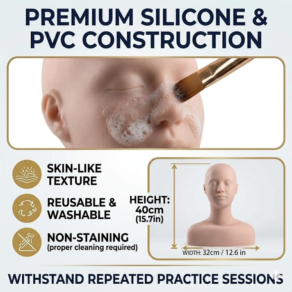White Smoke Lwuey Multi Function Makeup Practice Model, Esthetics Soft Mannequin Head with Shoulders Massage Wig Hat Display Silicone PVC Skin Texture Facial Practicing for Salons Cosmetology School Students