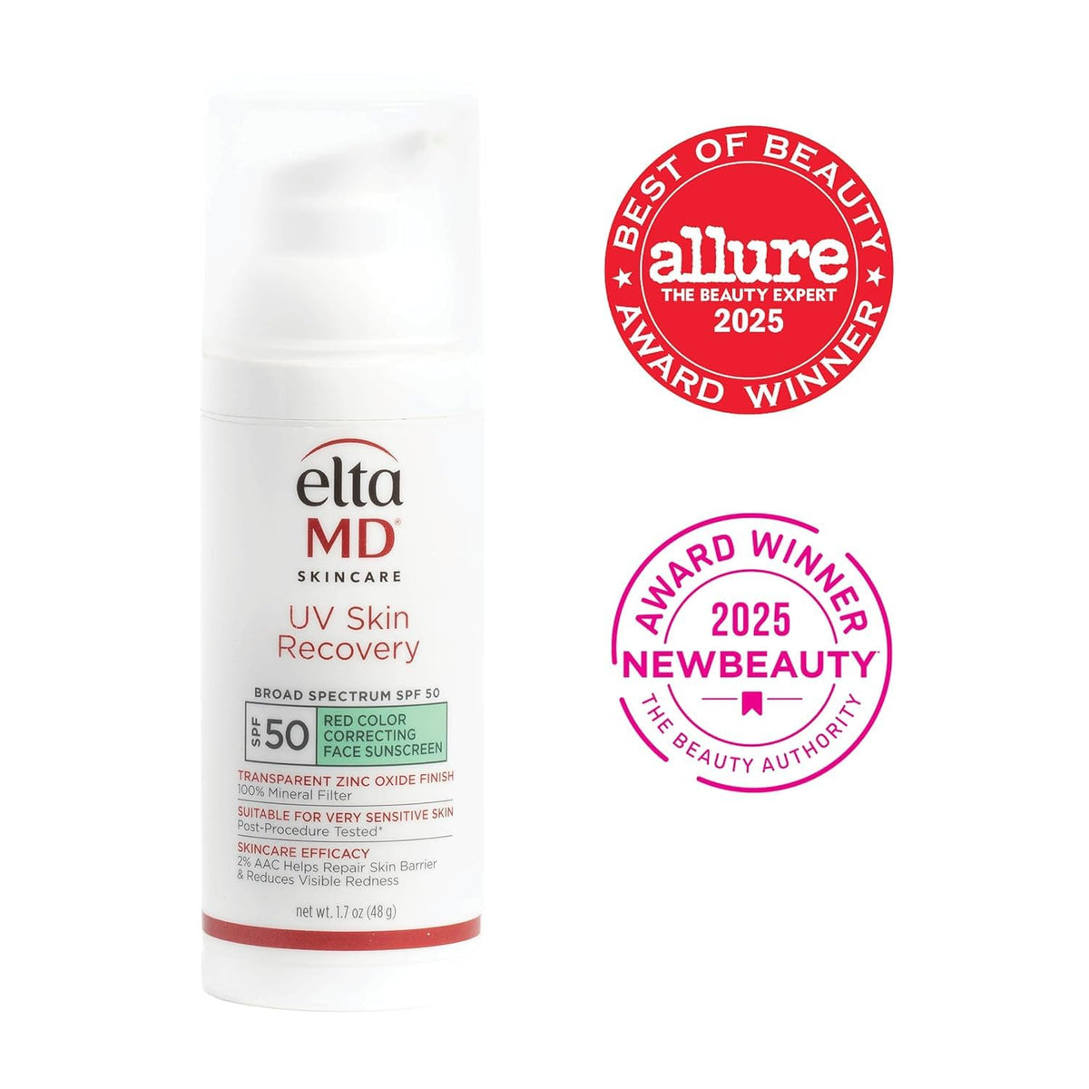 White Smoke EltaMD UV Skin Recovery Face Sunscreen with Zinc Oxide, All Mineral, Safe for Sensitive Skin SPF 50, Green Tinted, 1.7oz 2PK