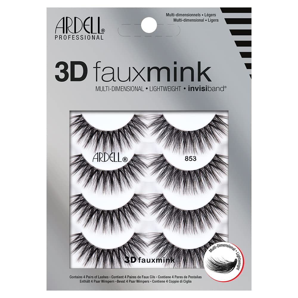 Gray Ardell 3D Faux Mink Lashes 853 - Reusable Wispies Eyelashes with Invisiband for Seamless Volume, 4 Pairs