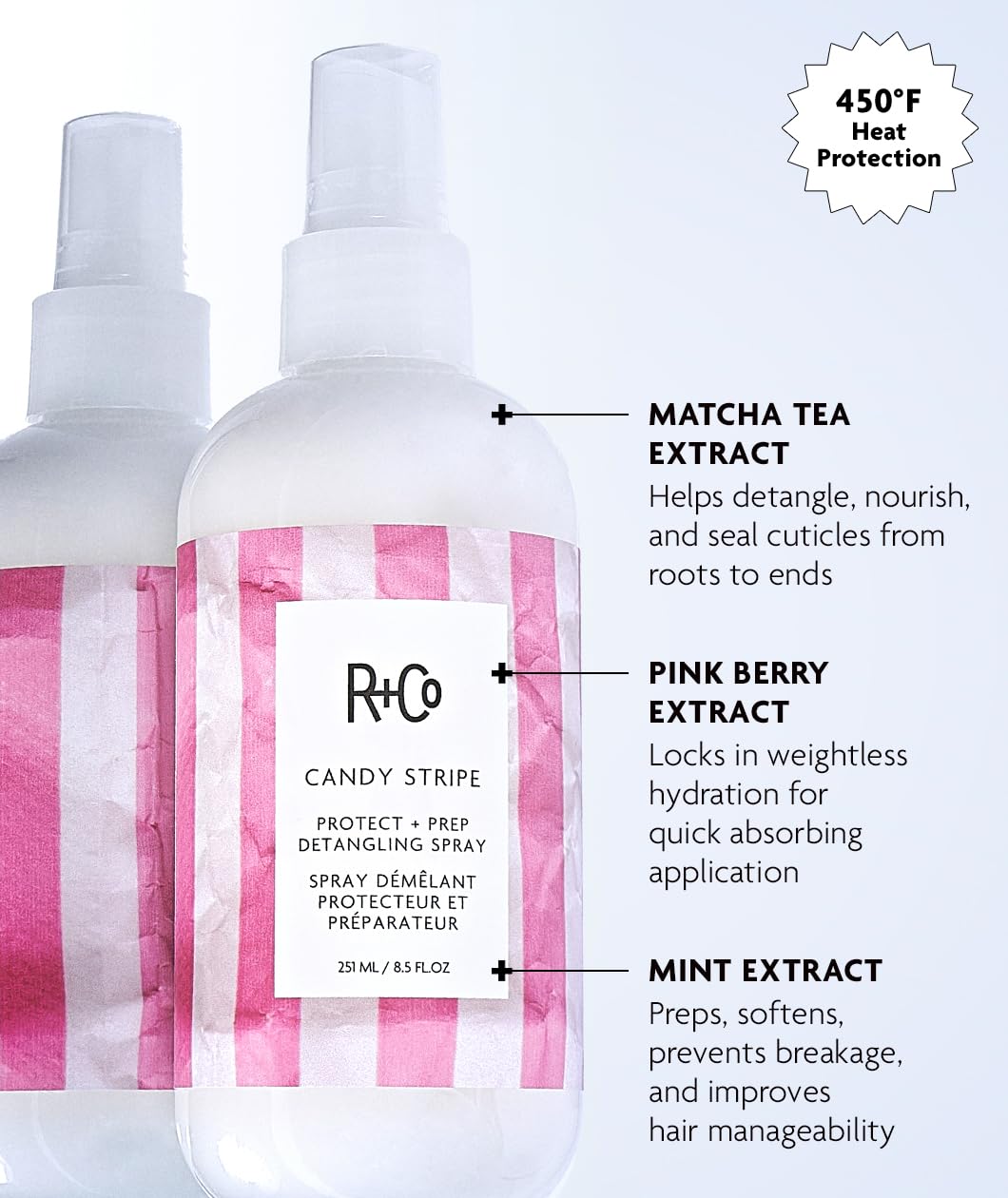 Lavender R+Co CANDY STRIPE Protect + Prep Detangling Spray, 8.5 oz/251 mL