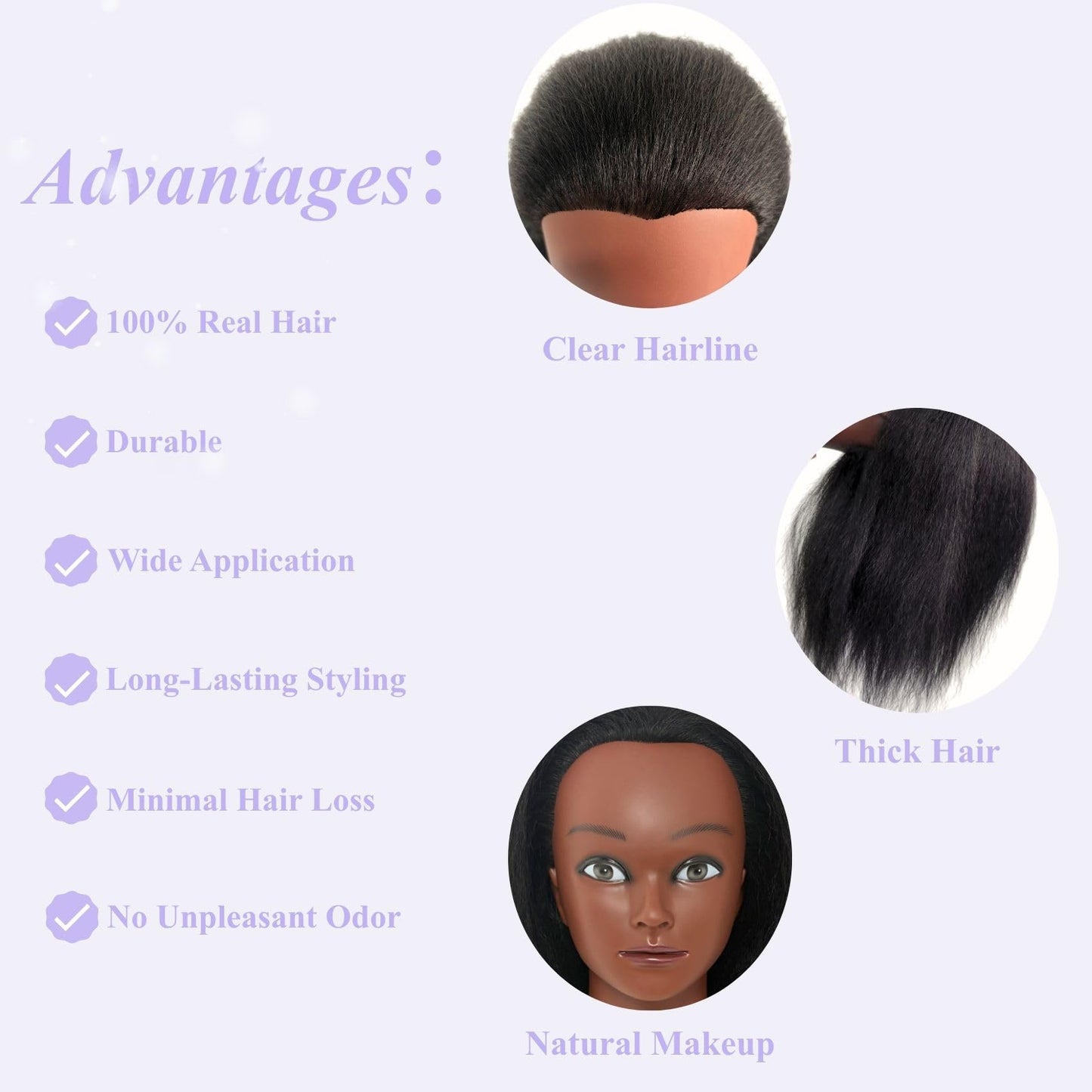 Lavender Blush 16" Black Mannequin Head for Braiding Practice, Mannequin Head with 100% Real Hair Cosmetology Training Doll Head for Hair Styling Kids