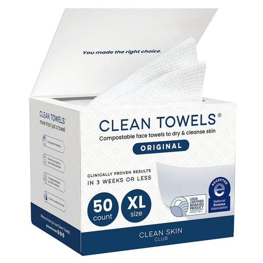 White Smoke Clean Skin Club Clean Towels XL®, 100% USDA Biobased Face Towel, Disposable Face Towelette, Eczema Association Accepted, Makeup Remover Dry Wipes, Ultra Soft, 1 Pack, 50 Ct