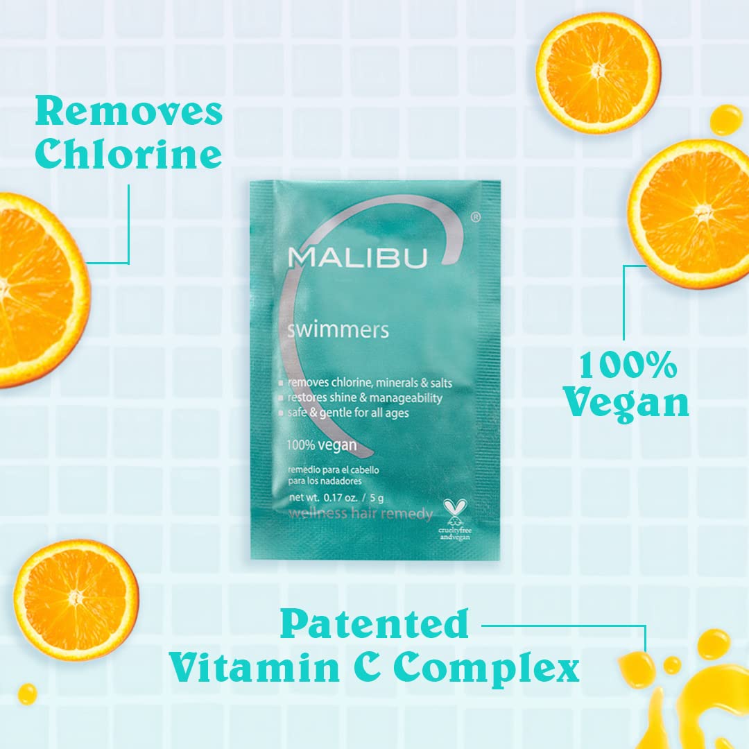 Light Cyan Malibu C Swimmers Wellness Remedy & After Pool Hair Care - Restoring & Hydrating Swim Treatment with Vitamin C Complex - Protects Against Discoloration from Chlorine, Salt Water & Build Up (3 Packets)