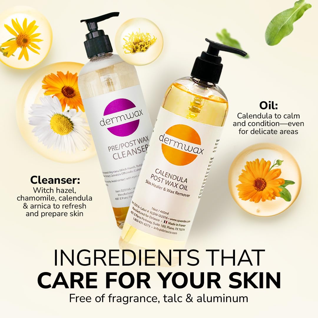 Seashell Dermwax Pre and Post Wax Care Kit – Complete Prep & Aftercare in One Set – Cleanser Removes Oils & Residue – Calendula Oil Calms & Nourishes Skin – Gentle, Paraben-Free Formulas