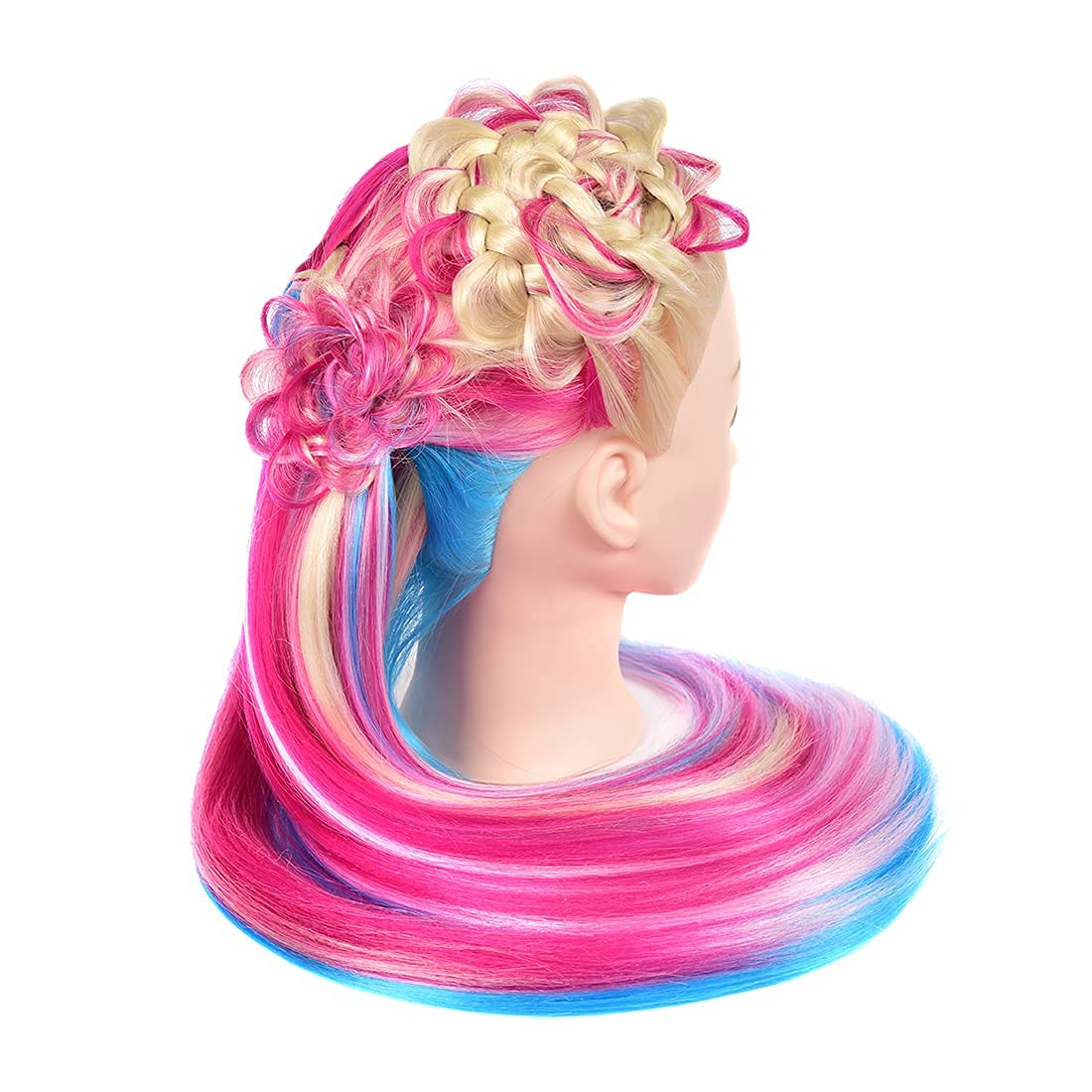 White Smoke Mannequin Head with Long Synthetic Fiber Colorful Hair Styling Training Head 26-28inch Manikin Cosmetology Doll Head Hairdressing Training Model for Cutting Braiding Practice and Free Clamp Holder