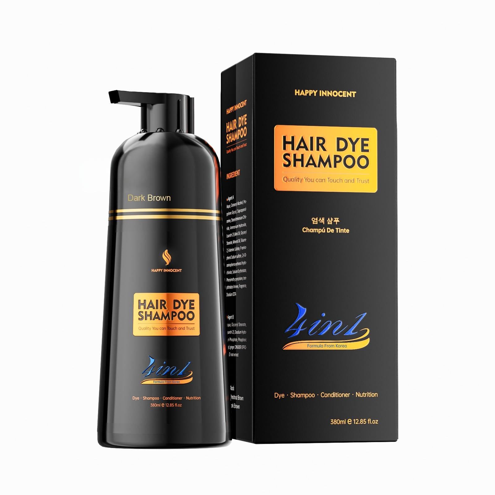 Black Happy Innocent Hair Color Shampoo for Gray Hair - Hair Dye Shampoo, 4 In 1 Easy to use Natural & Long-Lasting Looking Ammonia Free(Dark Brown)