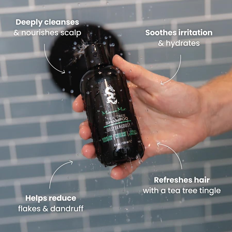 Dim Gray Billy Jealousy Monsoon Mist Tea Tree Energizing Men's Shampoo with Peppermint & Rosemary, Removes Oil Build-up and Soothes Scalp Itch & Irritation, 8 Oz.