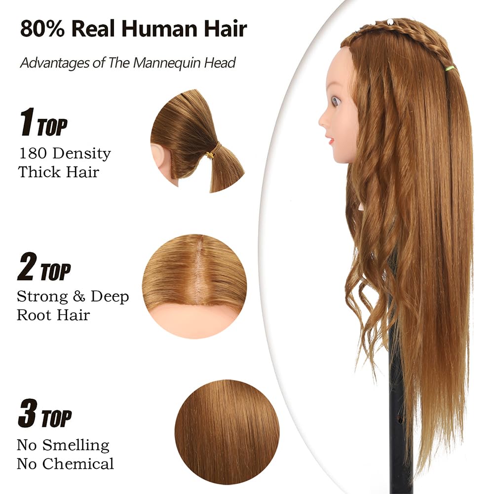 White Smoke ZOMOI Mannequin Head with 80% Real Human Hair 26''-28"Cosmetology Mannequin Doll Head to Practice Hair Styles Hairdresser Practice Braiding Head(27# Light Brown)
