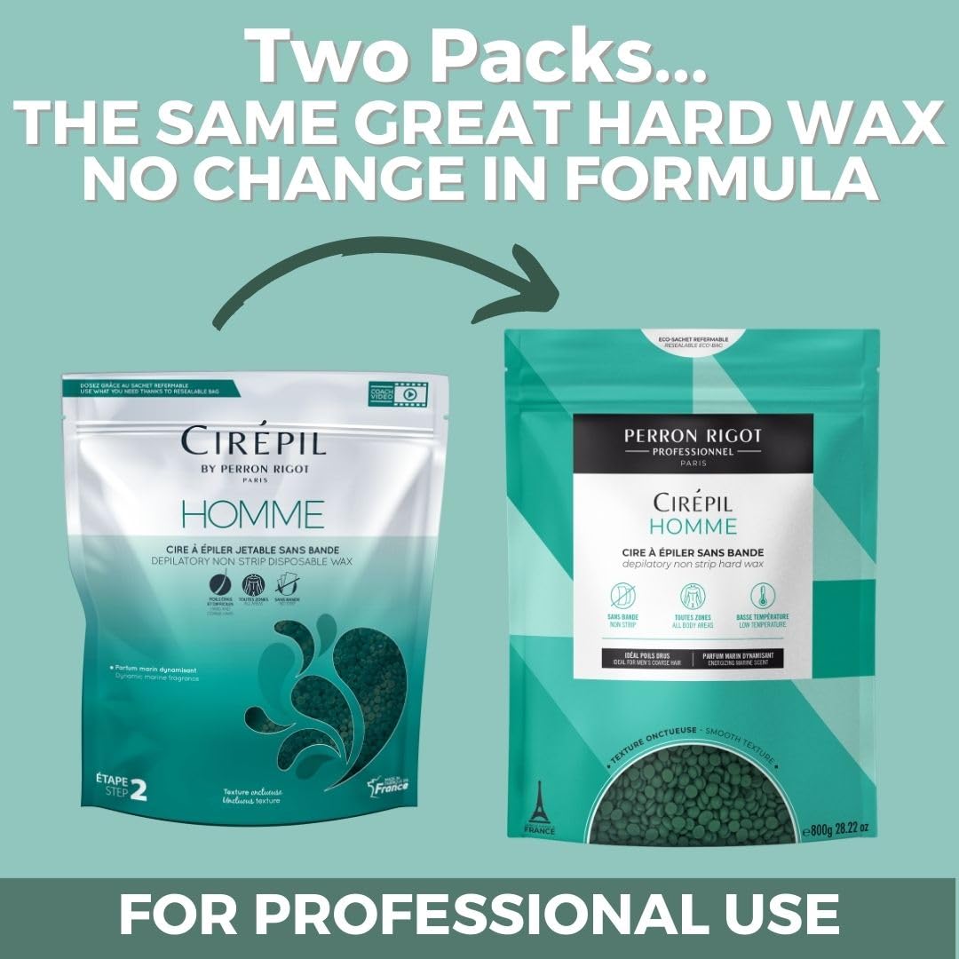 Medium Aquamarine Cirepil - Homme - 800g / 28.22 oz Hard Wax Beads Bag - Strong Grip for Men’s Coarse Hair - Effective Manscaping for Back, Chest & Shoulders - Fresh Marine Scent - Low Temp Refill Bag