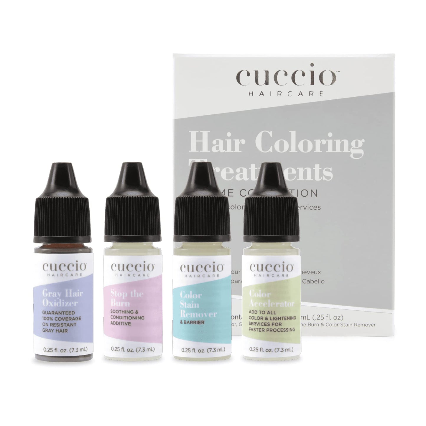 White Smoke Cuccio Haircare Try Me Collection Kit - Hair Coloring Essentials - Includes Stop The Burn And Gray Hair Oxidizer Treatments - Gluten And Paraben Free - Suitable For Travel - 0.25 Oz Each - 4 Pc