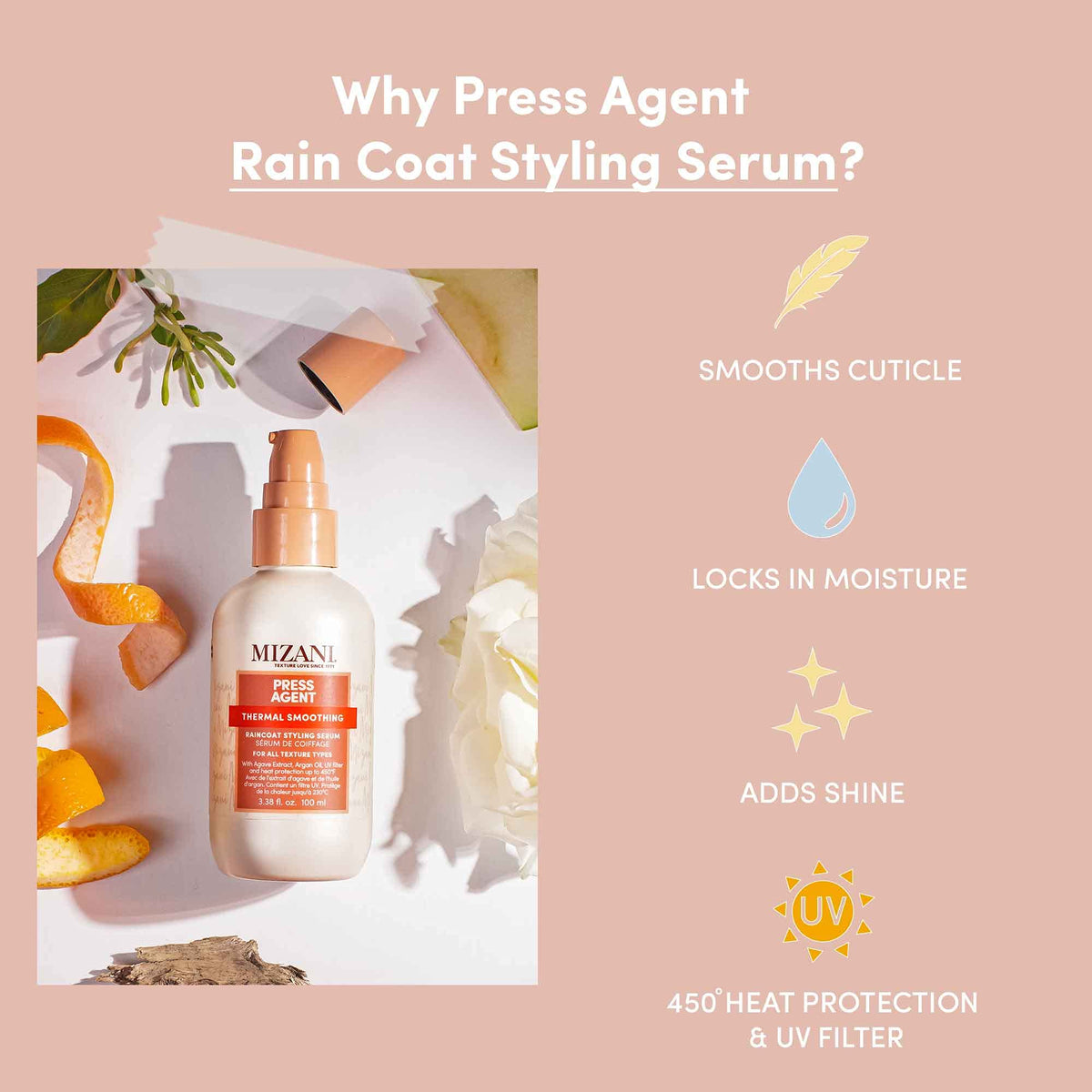 Light Pink Mizani Press Agent Raincoat Styling Serum – For Frizzy Hair