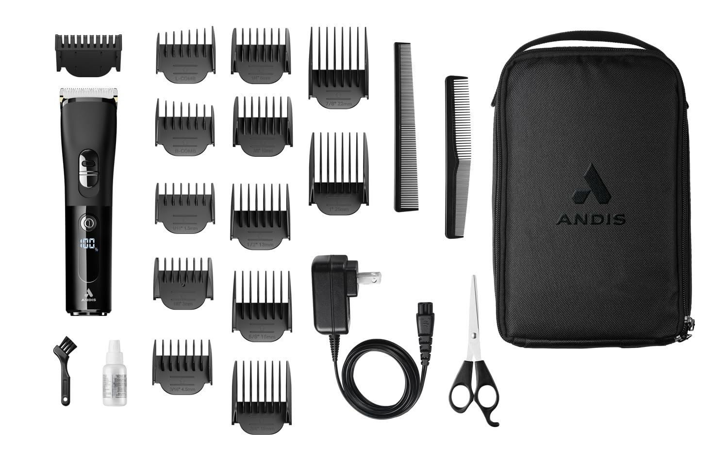 White Smoke Andis 560547 Envision Cordless High-Speed Hair Clipper, 21-Piece Kit, Adjustable Blade, 1.5” LED Digital Display Screen, Black