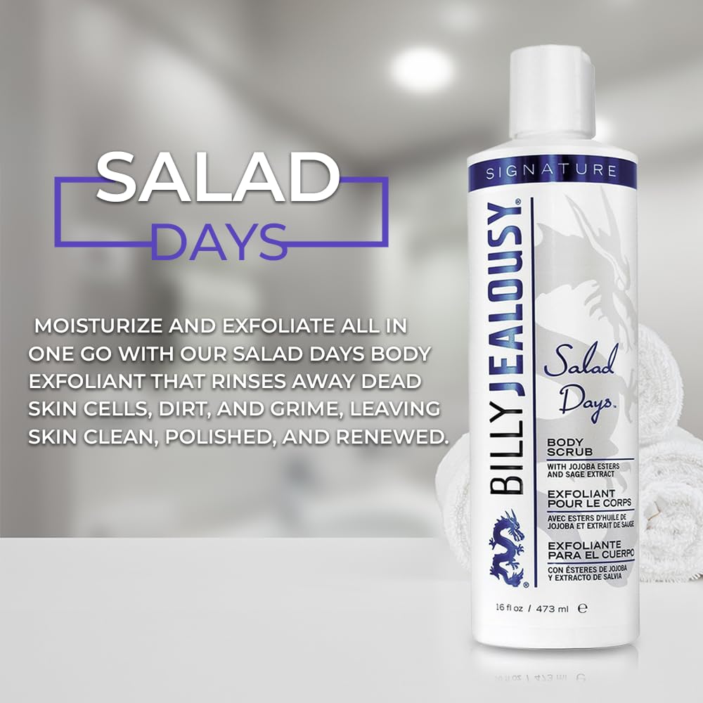 Light Gray Billy Jealousy Salad Days Body Scrub, Exfoliating Moisturizing Vegan Bath Product with Jojoba Esters and Sage Extract with Sea Salt and Spearmint Scent, 16 Fl Oz