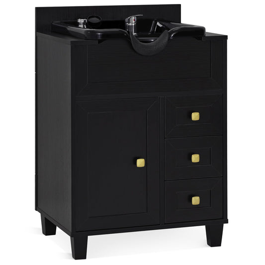 Black BarberPub Barber Storage Shampoo Station, Spa Textured Embossed Cabinet with Shampoo bowl & Drawers, Hair Salon Sink Backwash Equipment 7131 (Black)