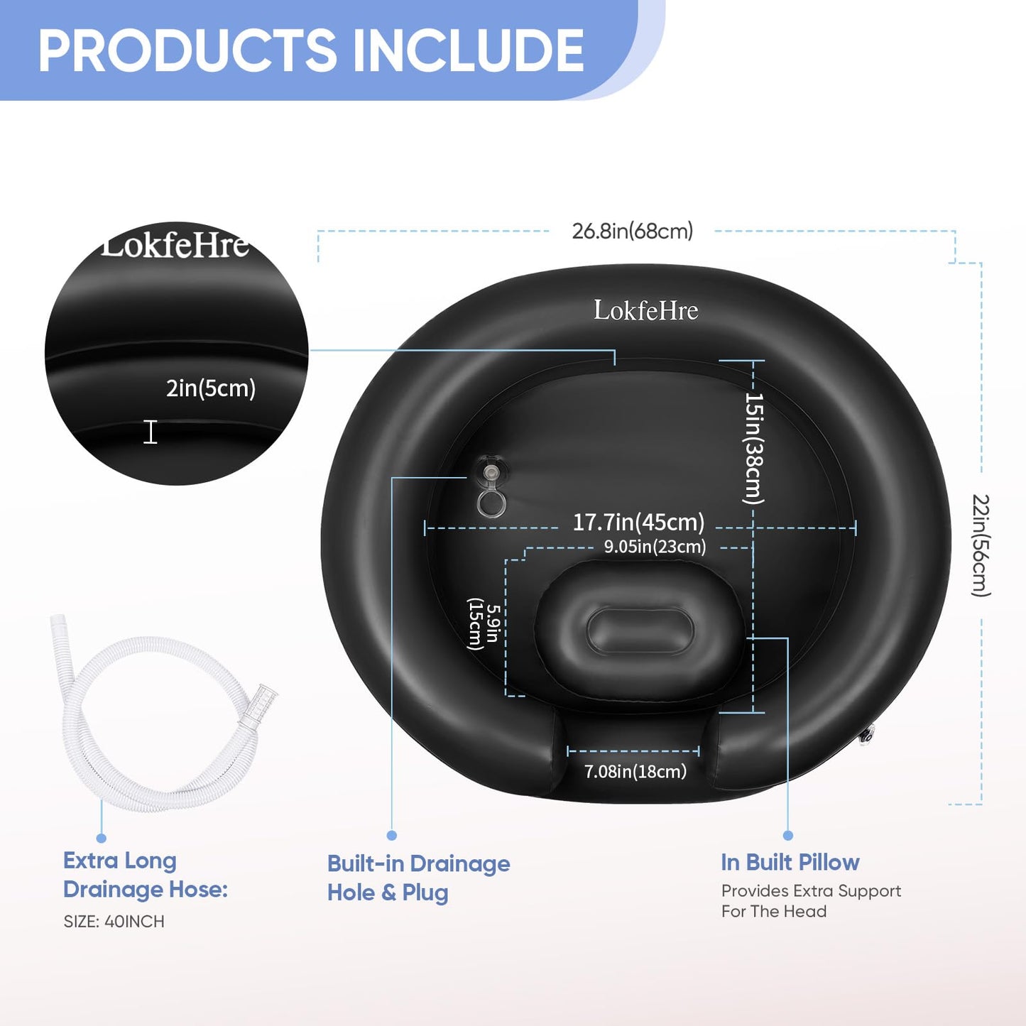 White Smoke Black Inflatable Shampoo Basin, Stain Resistant Ergonomic Neck Support Hair Washing Bowl for Bedridden Elderly Disabled, Portable Leakproof PVC Sink with Drain Hose for Home Care Locs Detox