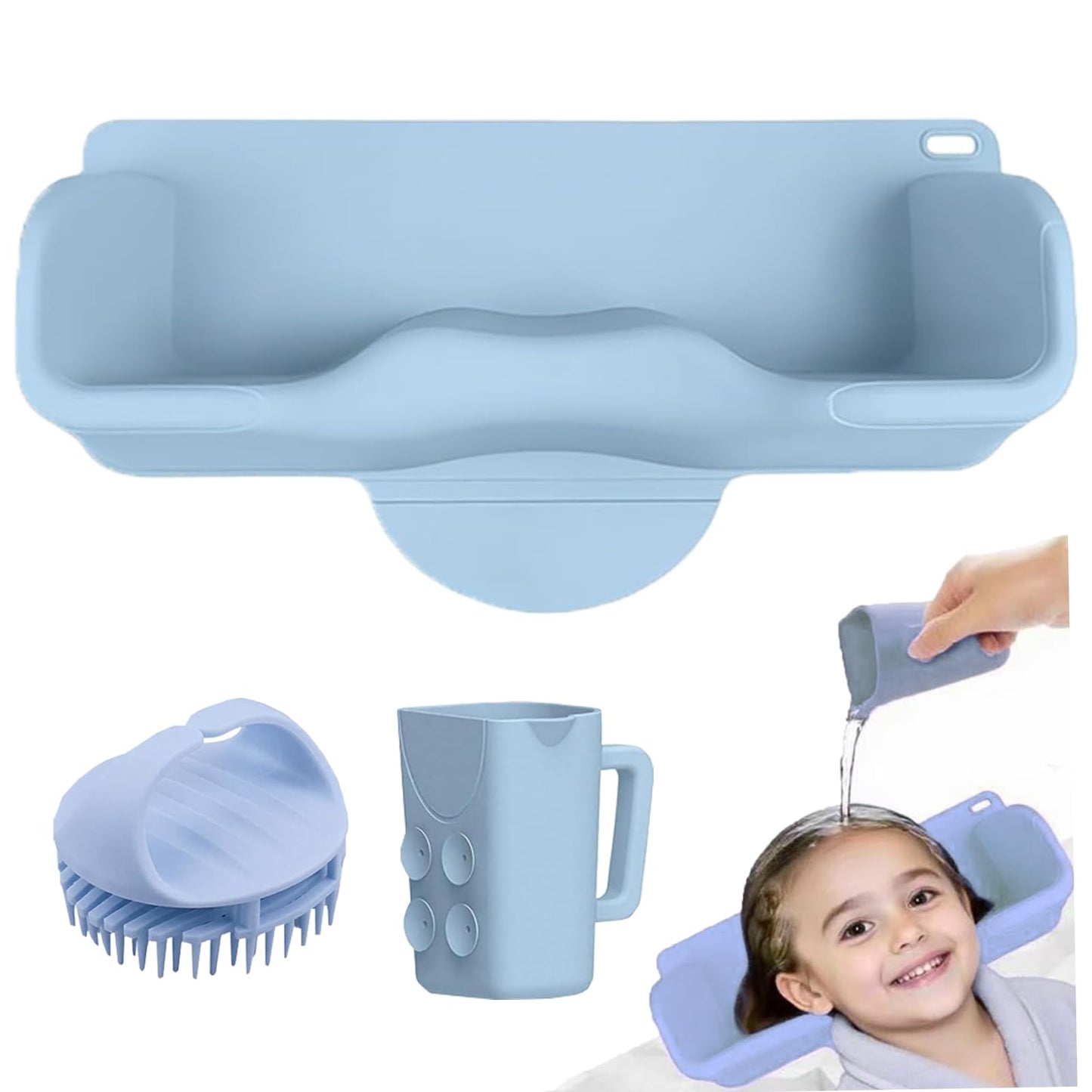 White Smoke Portable Hair Washing Station,Silicone Hair Washing Basin for Toddlers,Children & Teens,Stable Sink/Bathtub Shampoo Buddy, Attached Shampoo Brush and Baby Bath Rinse Cup(Bule)