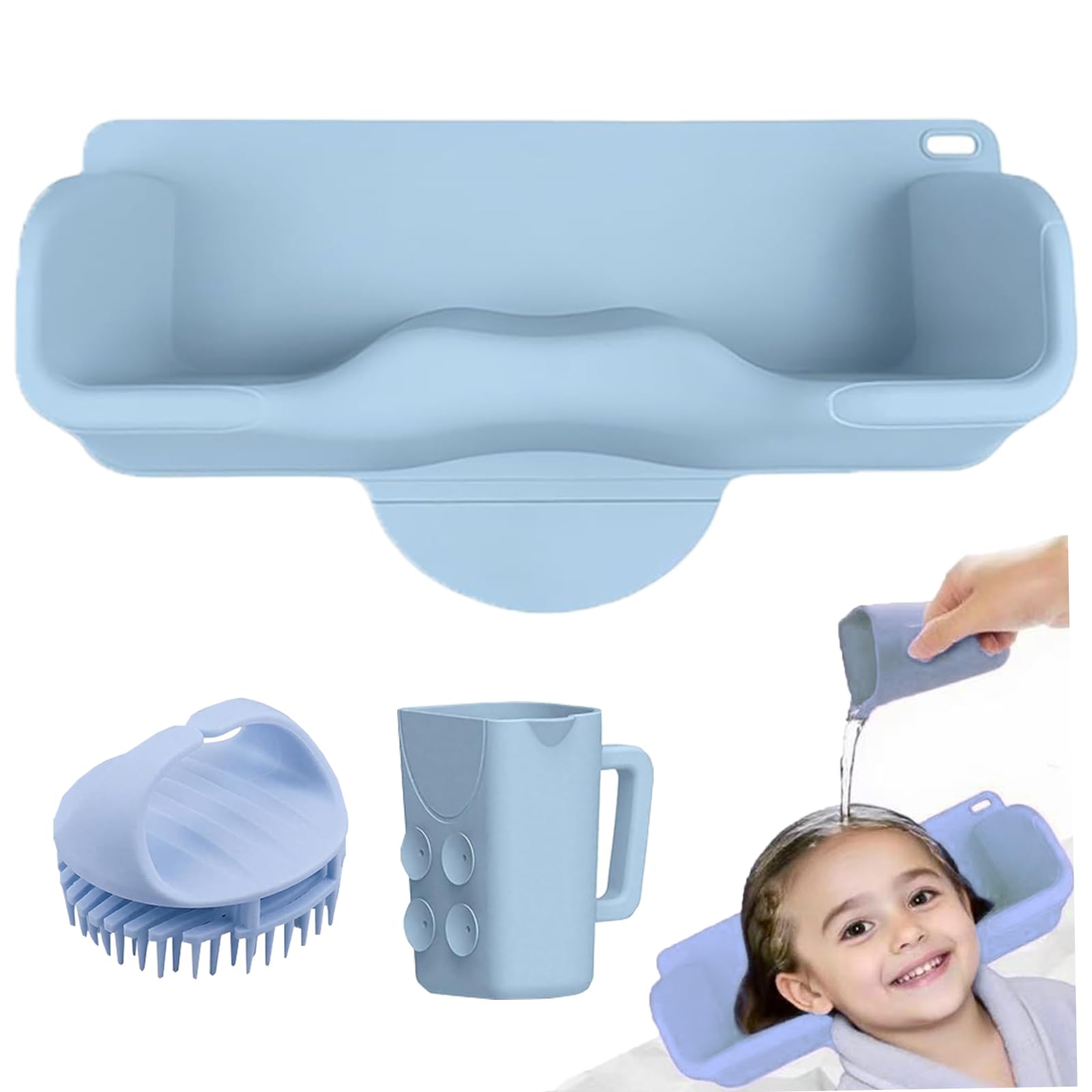 White Smoke Portable Hair Washing Station,Silicone Hair Washing Basin for Toddlers,Children & Teens,Stable Sink/Bathtub Shampoo Buddy, Attached Shampoo Brush and Baby Bath Rinse Cup(Bule)