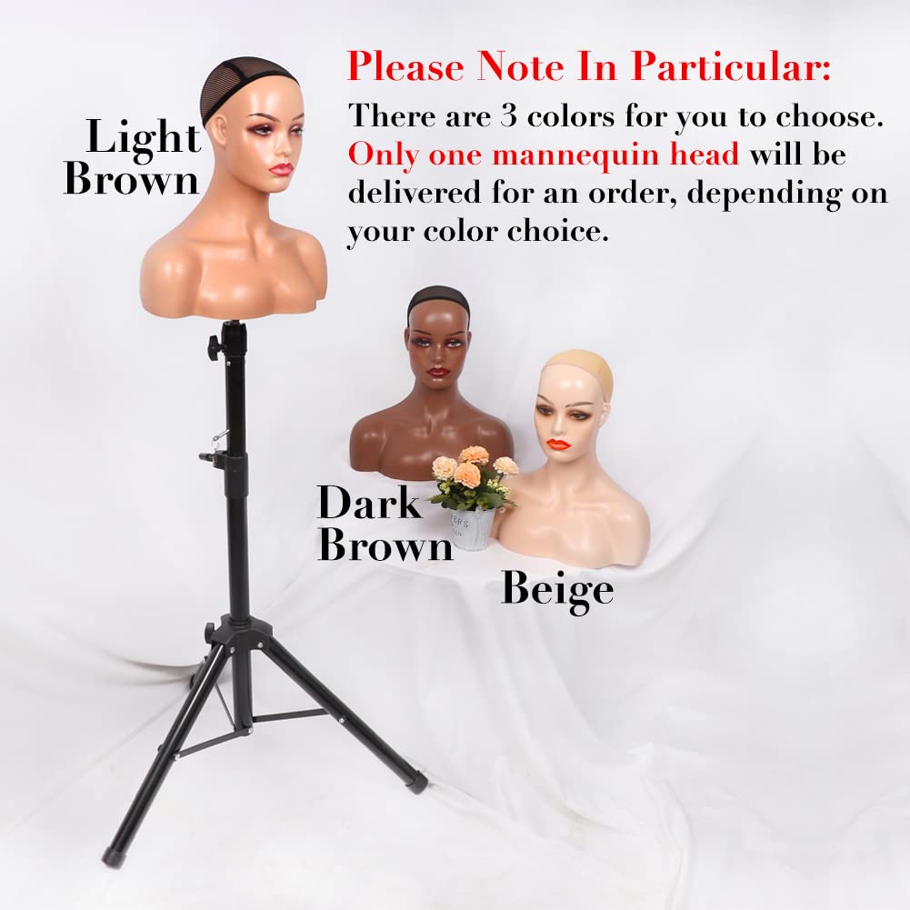 Lavender Realistic Female Mannequin Head with Shoulder for Display - Manikin Head with Shoulder for Wig/Jewelry/Makeup/Hat/Sunglass Display (Light Brown)