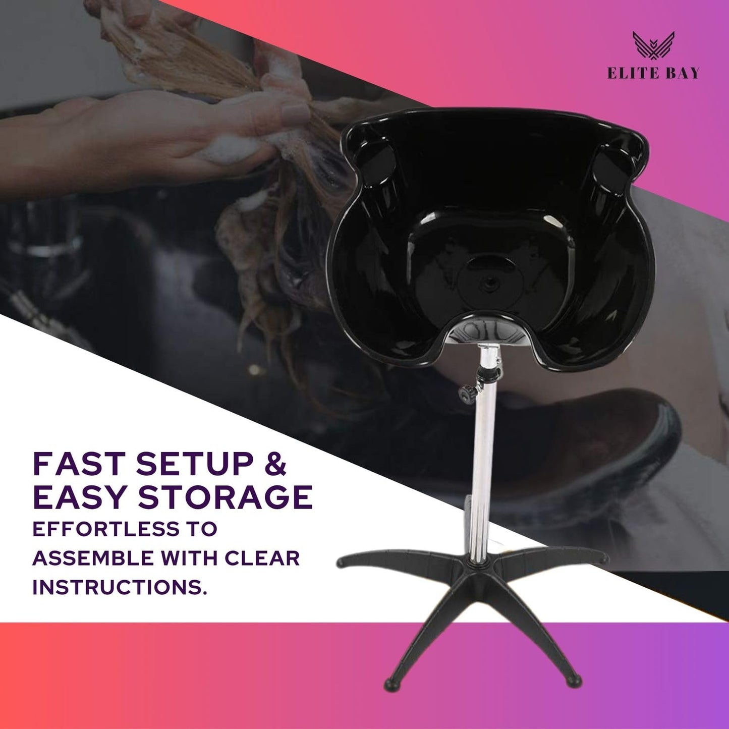Black ELITE BAY Hairwashing Sink – Engineerd for Comfort,Salon,barber and beauty studios .Built with durability,ergonomics and modren aesthetics in mind. Adjustable (92–130cm) heavy duty stand and basin.