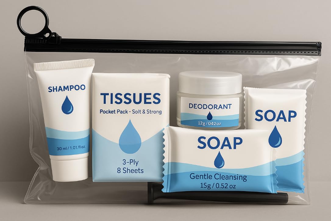 Dark Gray Bulk 50 Deluxe Hygiene Care Packages – 23-Piece Unisex Toiletry Bags with Individually Wrapped Travel-Size Essentials in Waterproof Pouch for Homeless Outreach, Shelters, and Charity Donations