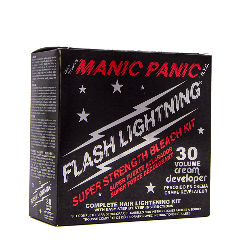 Black MANIC PANIC Flash Lightning Hair Bleach Kit - Bleach Powder + 30 Volume Developer - Hair Lightener for Dark Shades - Lifts Up to 5 Levels - Achieve Medium to Light Blonde - Vegan & Cruelty-Free