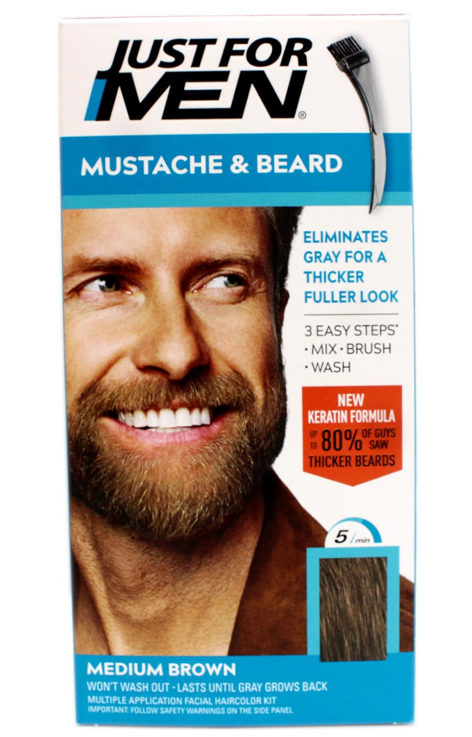 White Smoke Mustache & Beard, Beard Coloring for Gray Hair with Brush, With Keratin (M-35), Medium Brown - 9 Pack