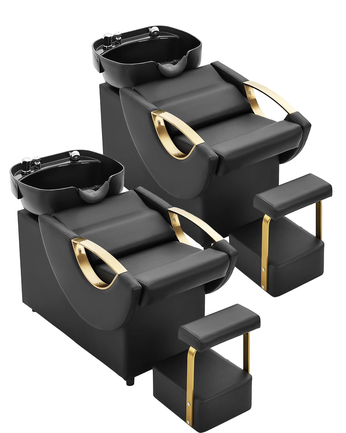 White Smoke IJIALIFE Shampoo Bowl and Chair Set for Salon – Backwash Barber Sink Station with Footstool & Gold Armrests – Heavy Duty 450lbs Hair Washing Chair with Deep Basin & Neck Rest for Spa Beauty Stylist