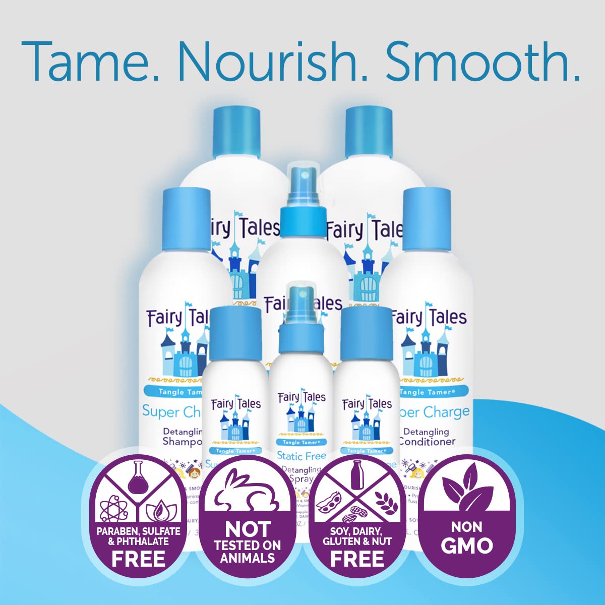 Light Gray Fairy Tales Tangle Tamer Super Charge Detangling Shampoo, Conditioner, and Spray for Kids - Travel Kit - Paraben Free, Sulfate Free, Gluten Free, Nut Free - 3.3 oz (Pack of 3)